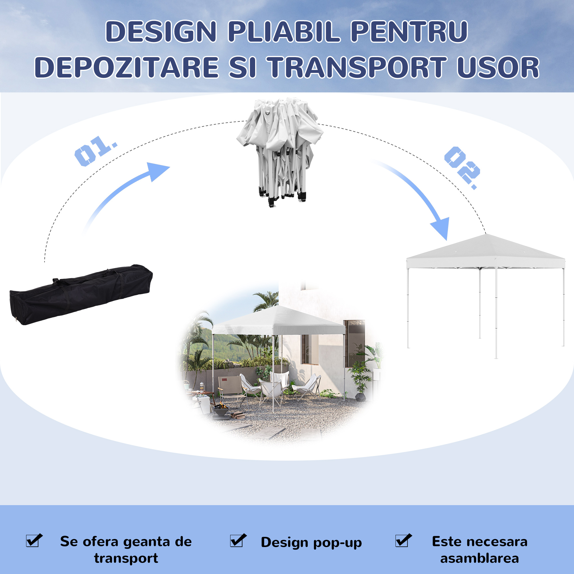  Pop Up Foisor 2,45 x 2,45 m rezistent la apa cu franghii si cuie de otel si tesatura Oxford alba [4]