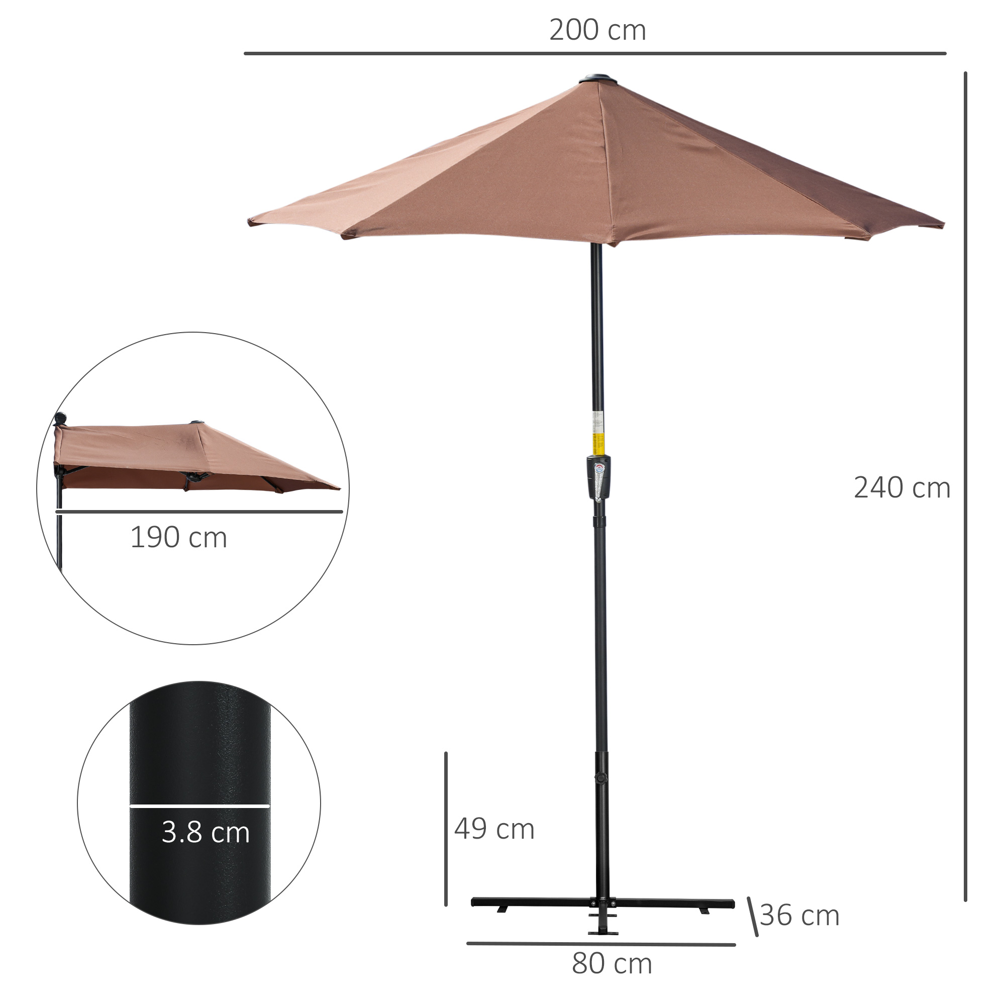  Umbrela de Terasa 200x190x240 cm cu Manivela, Stalp din Otel si Baza in Forma de Cruce Anti-UV pentru Terasa si Balcon, Gri [2]