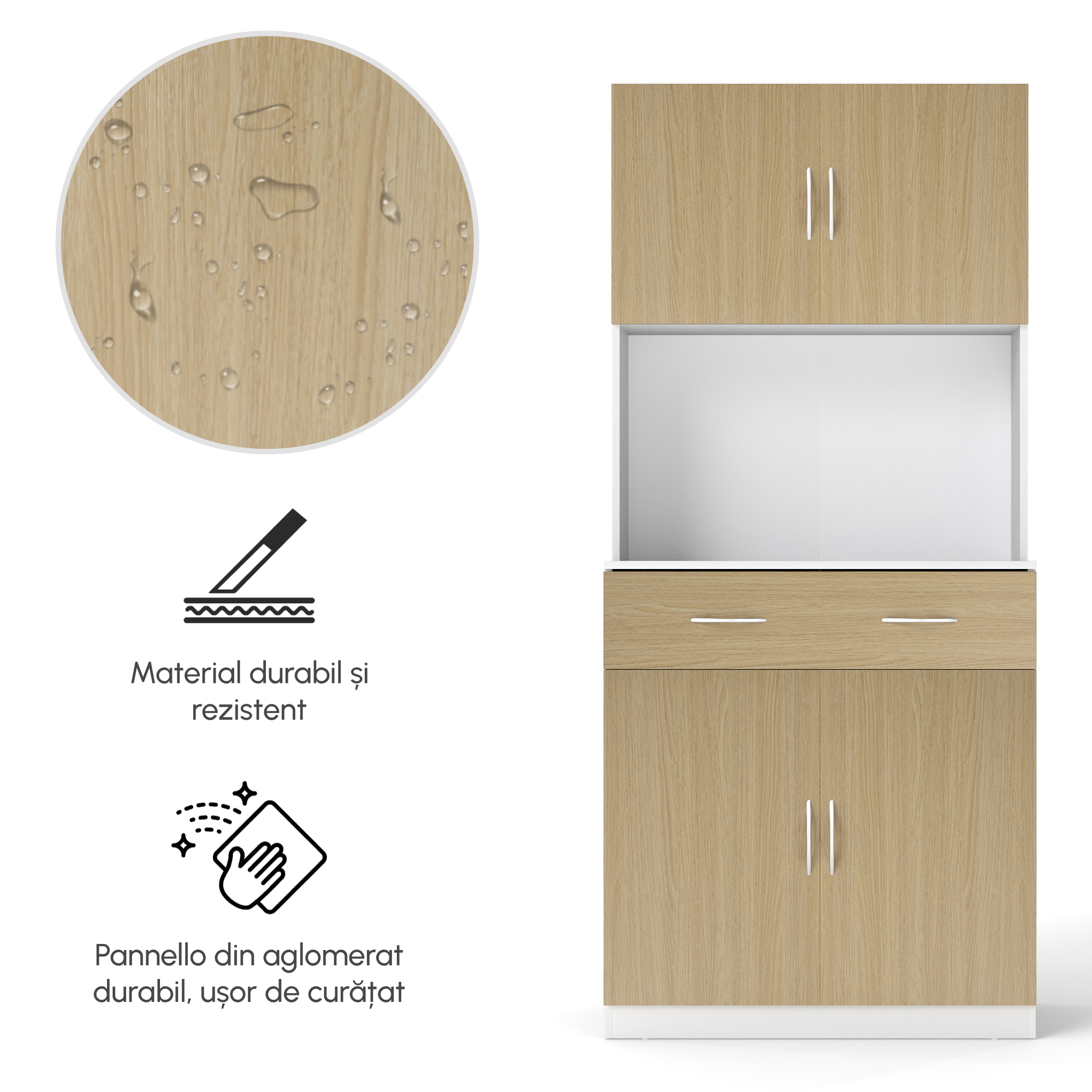  Dulap inalt de Bucatarie cu 2 Usi, Sertar, Bufet inalt din Lemn cu Rafturi Reglabile, 80x40x180 cm, Lemn Natural [3]