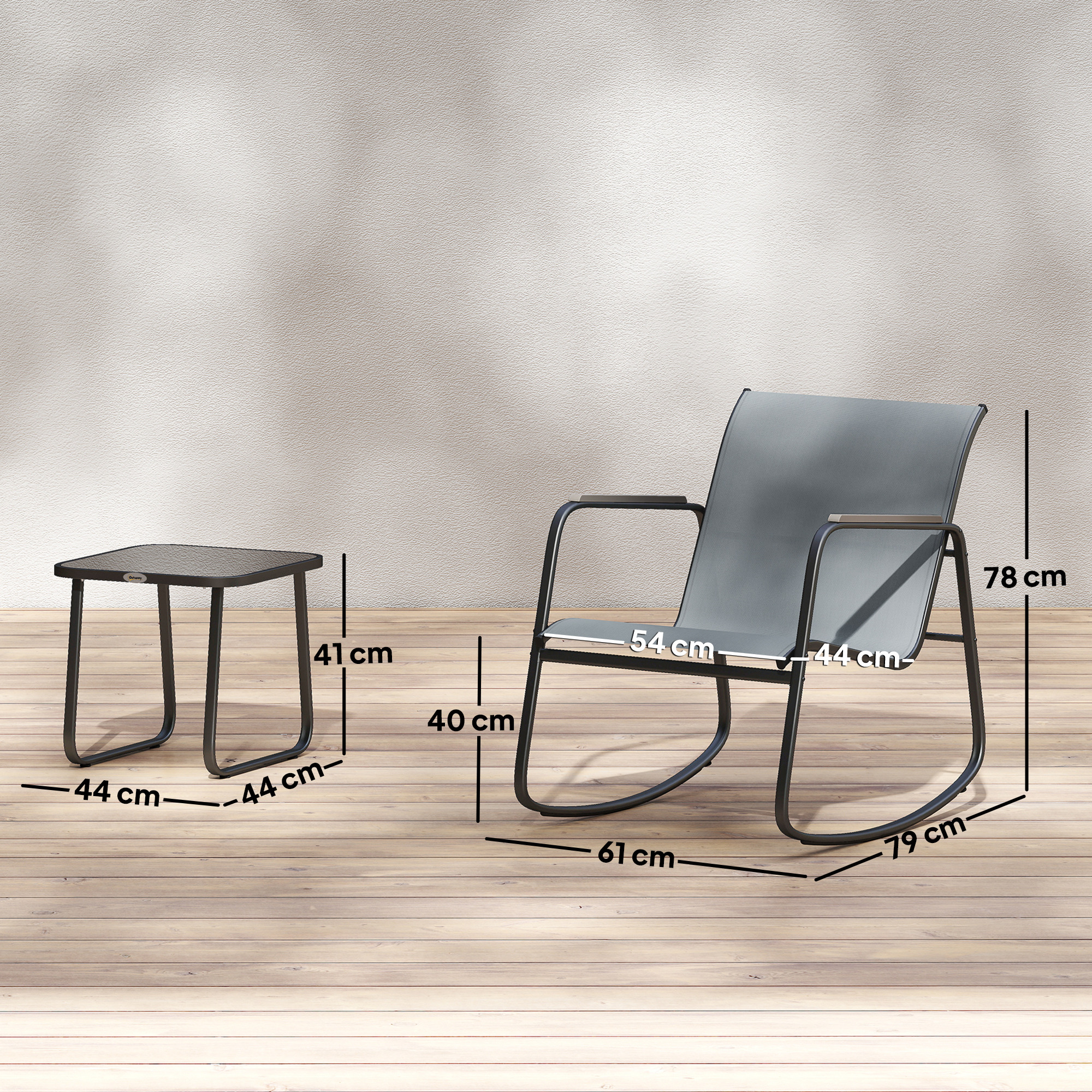  Set Bistro din 3 Piese, Set de Gradina cu 2 Scaune de Exterior cu Miscare de Leganare din Textilena Respirabila, Masa cu Blat din Sticla, Set Masa si Scaune din Otel pentru Terasa si Balcon, Gri [2]