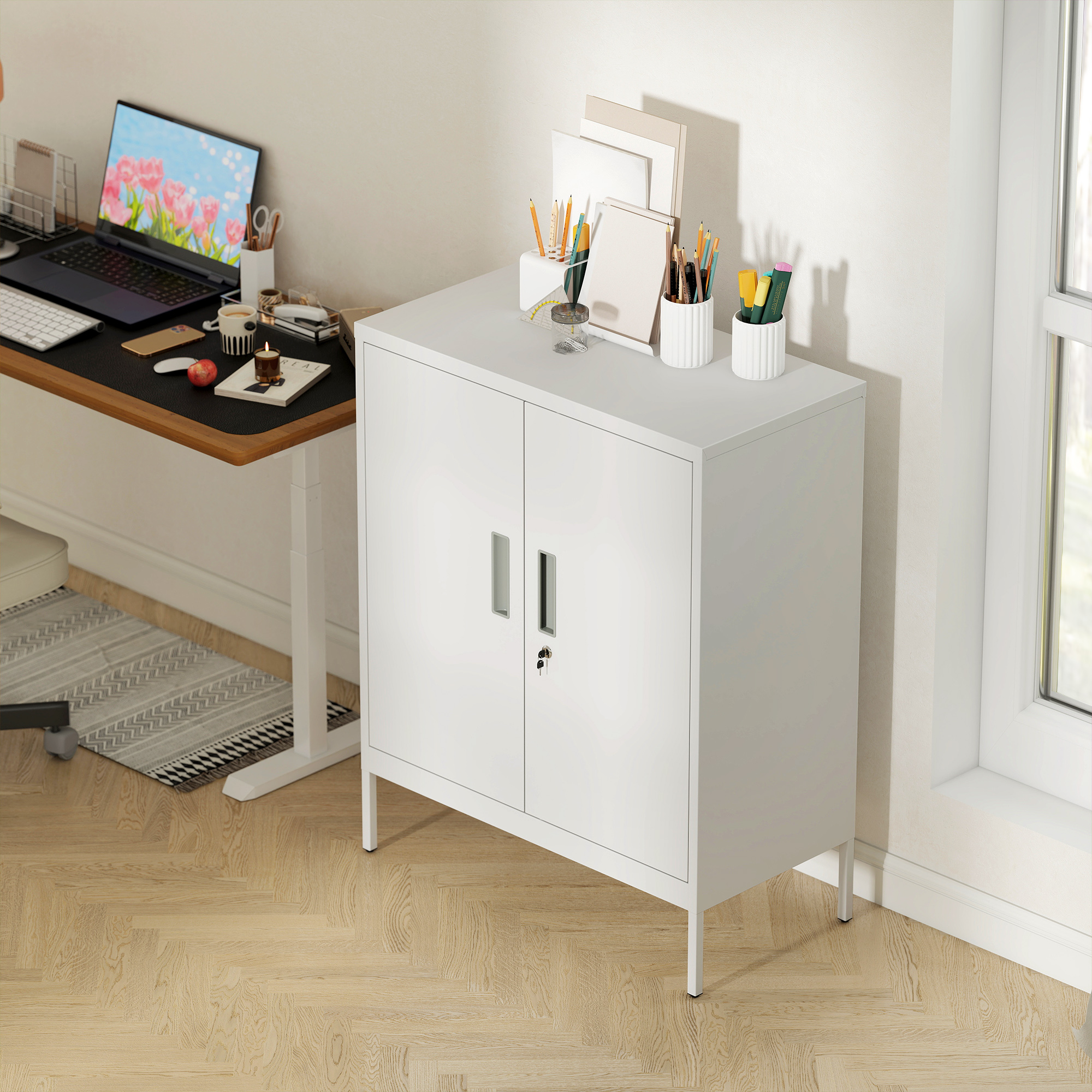  Dulap de Birou din Otel cu 2 Rafturi Reglabile, incuietoare si 2 Chei, 80x40x100 cm, Alb [7]