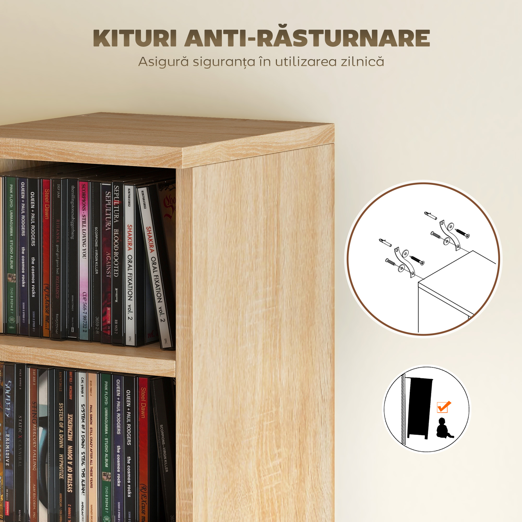  Set de 2 Rafturi pentru CD-uri cu Polite Reglabile, Capacitate 204 CD-uri, Design Compact, 21x22,5x88,5 cm, Stejar [6]