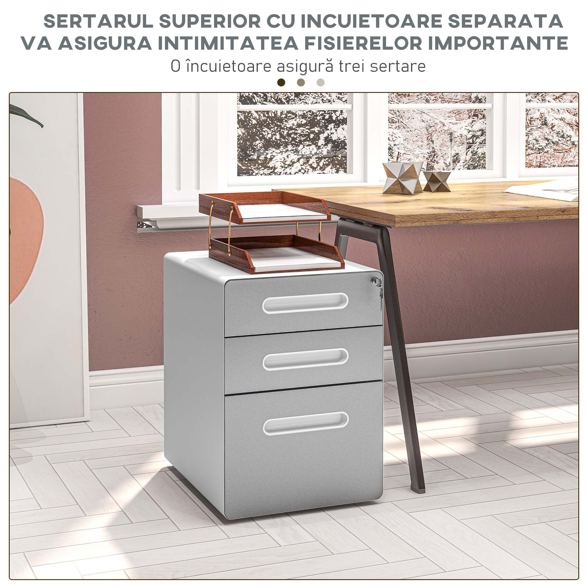  Comoda de Birou cu 3 Sertare cu incuietoare si Rotile pentru Documente, 39x48x59 cm, Gri Deschis [3]