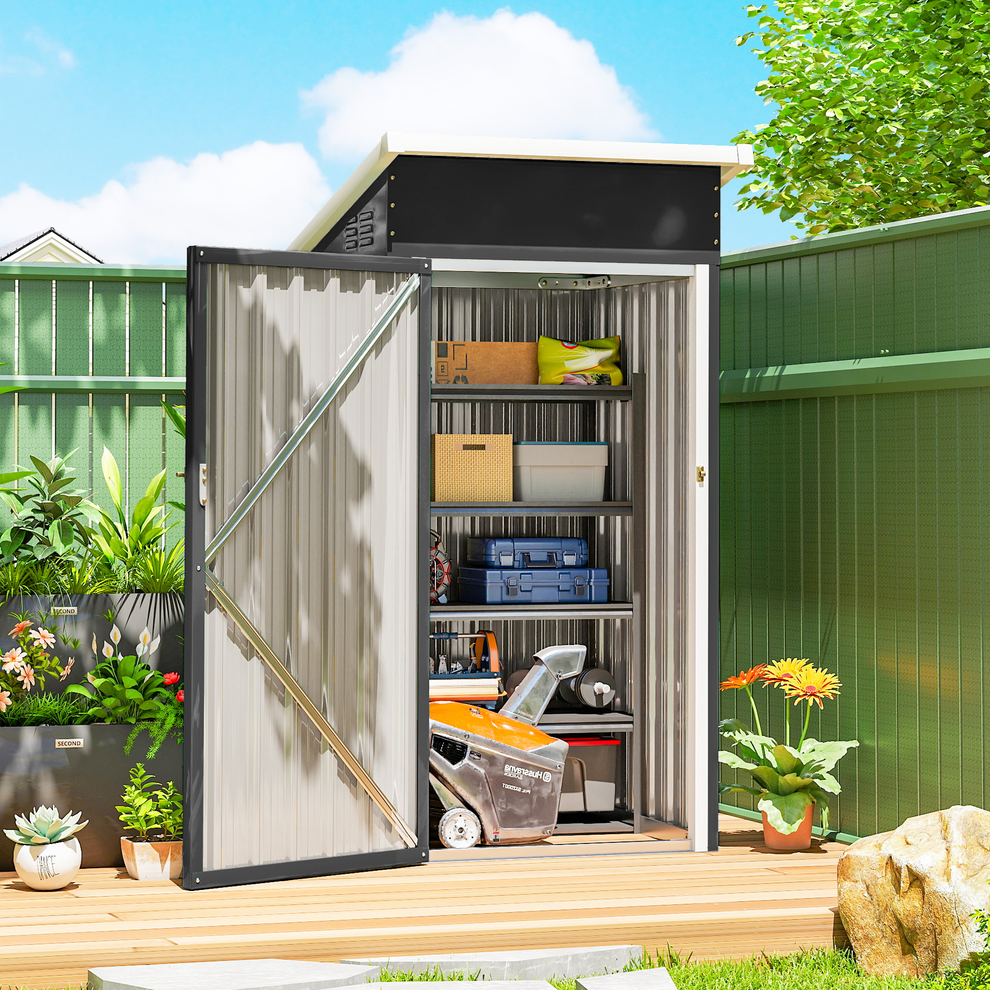  Magazie de Gradina 0,74m² din Otel Galvanizat cu Guri de Aerisire, Magazie cu Usa Blocabila, Acoperis inclinat, Manusi, Depozitare Unelte, 107,5x91x185 cm, Gri inchis [1]