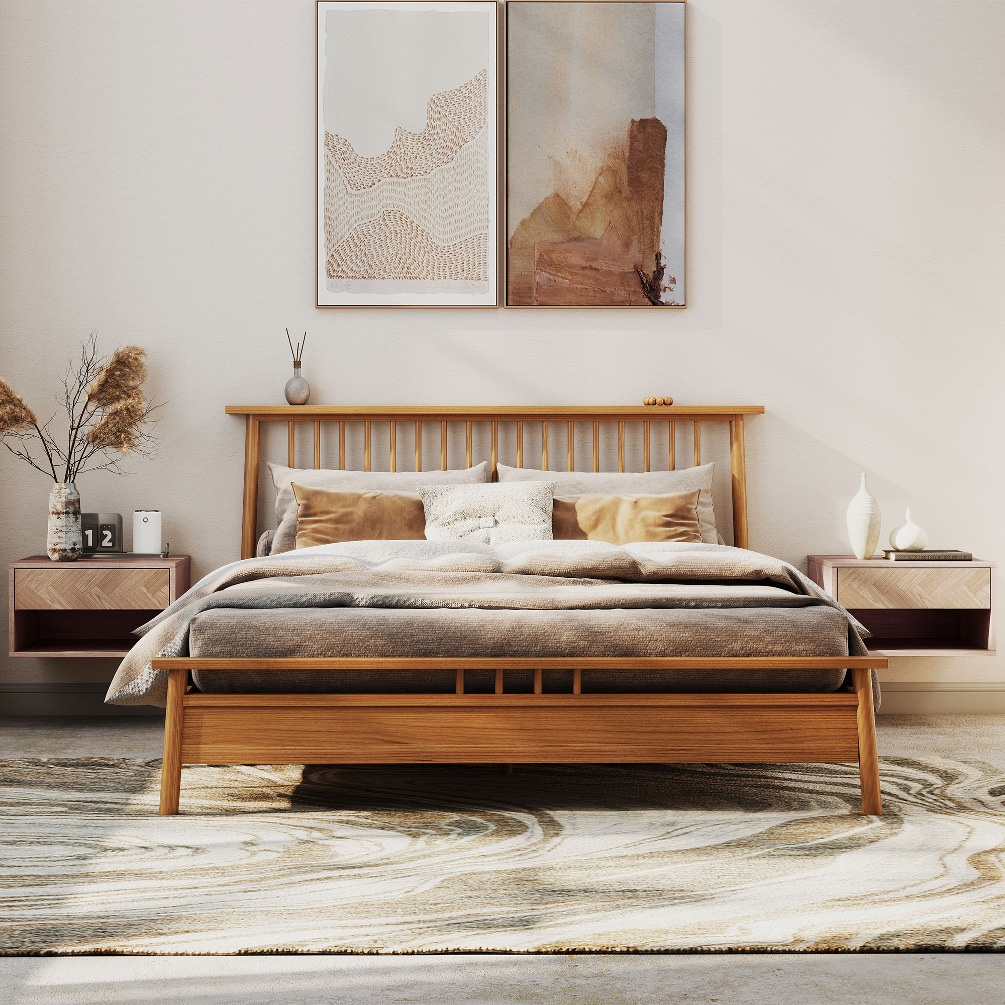  Set de 2 Noptiere Suspendate cu Sertar si Compartiment 37x32x21 cm Lemn Natural [7]