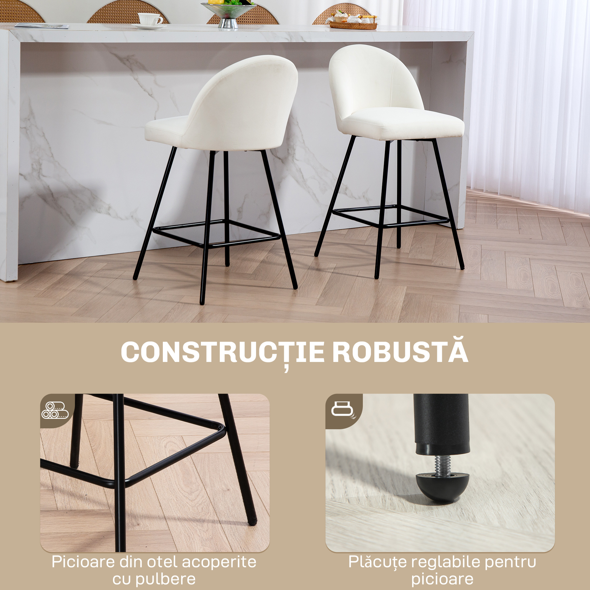  Set 2 Scaune de Bar cu Spatar din Catifea si Suport pentru Picioare, 48.5x56x92 cm, Alb Crem [5]