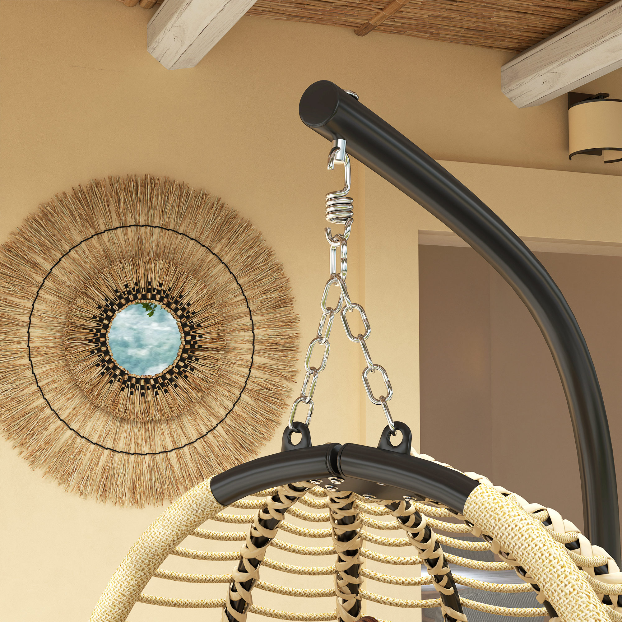  Leagan pentru Exterior cu Perna Capitonata, Scaun Suspendat pentru Terasa cu Suport Metalic, Cos Pliabil, 110x100x188 cm, Gri [8]