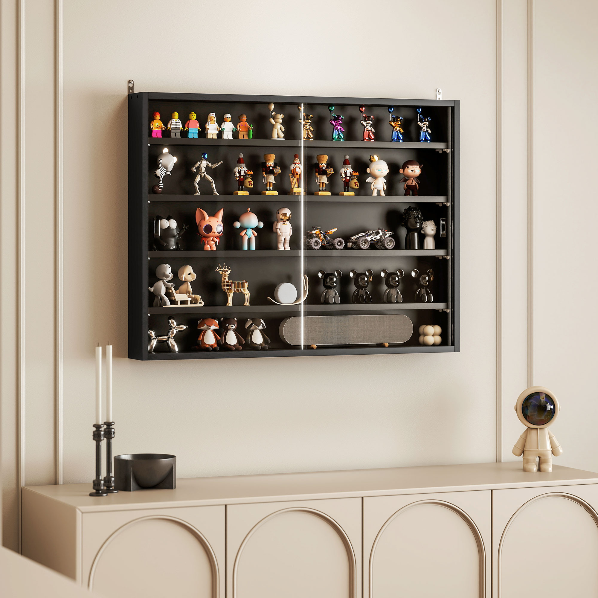  Dulap Tip Vitrina de Expozitie cu Rafturi Reglabile, Montata pe Perete, Negru [7]