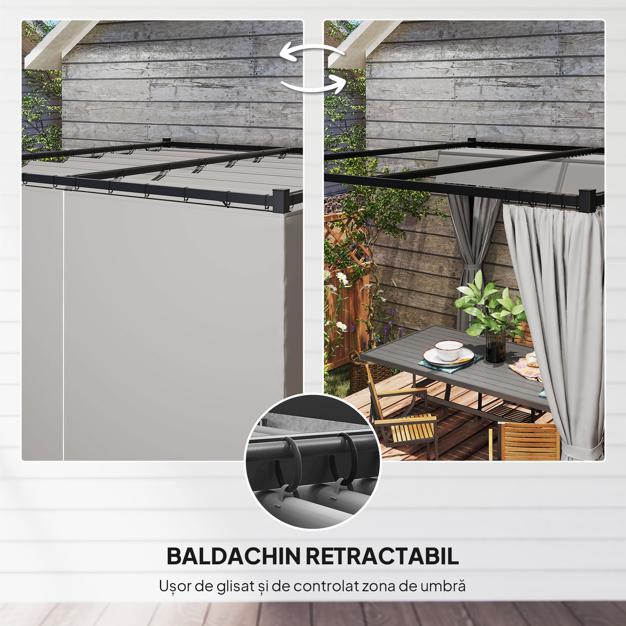  Pergola de Gradina cu Acoperis Retractabil si Draperii, din Metal si Poliester, 300x300x227 cm, Gri Deschis [3]