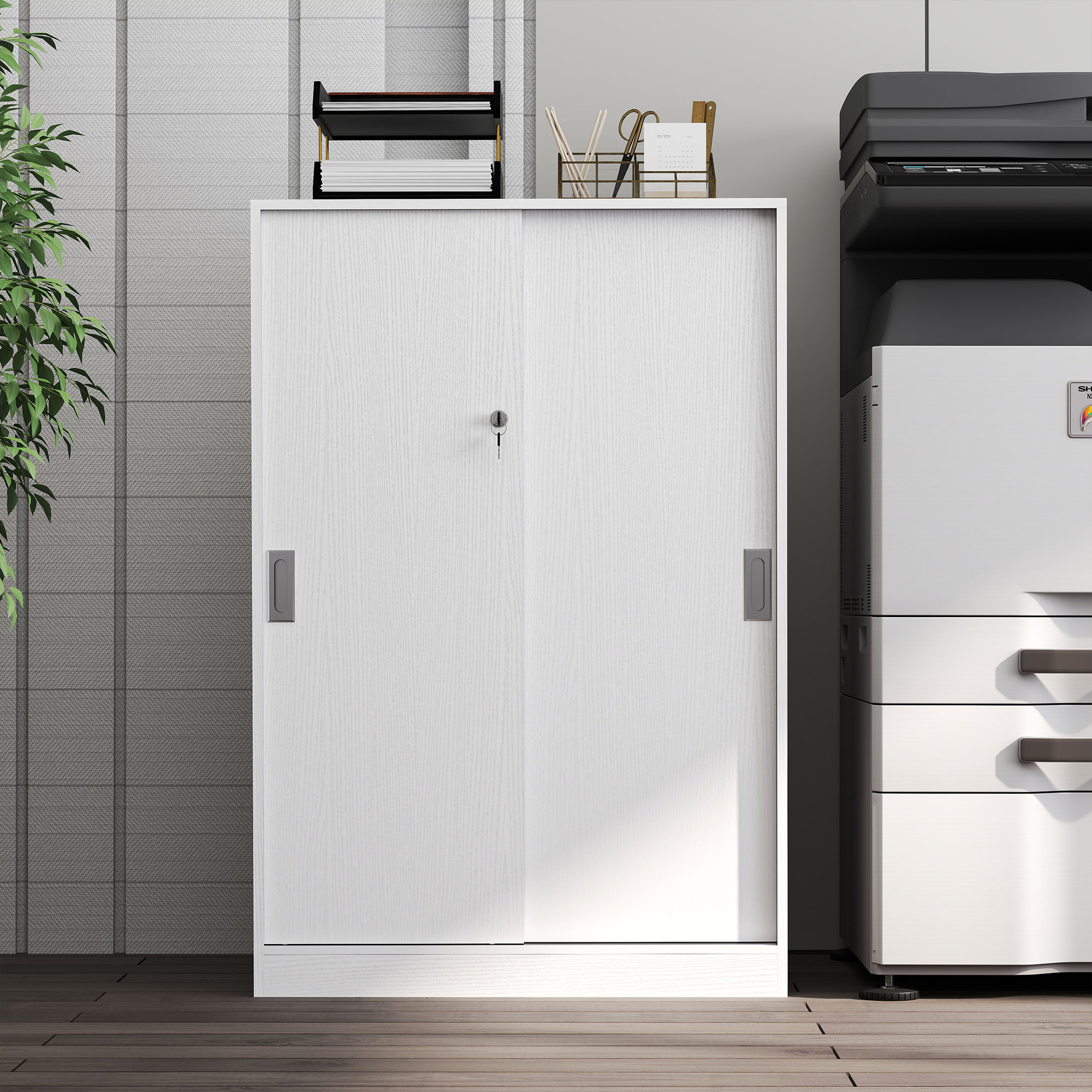  Dulap de Birou cu 3 Rafturi si 2 Chei de Siguranta, din PAL, 80x40x120 cm, Alb [7]