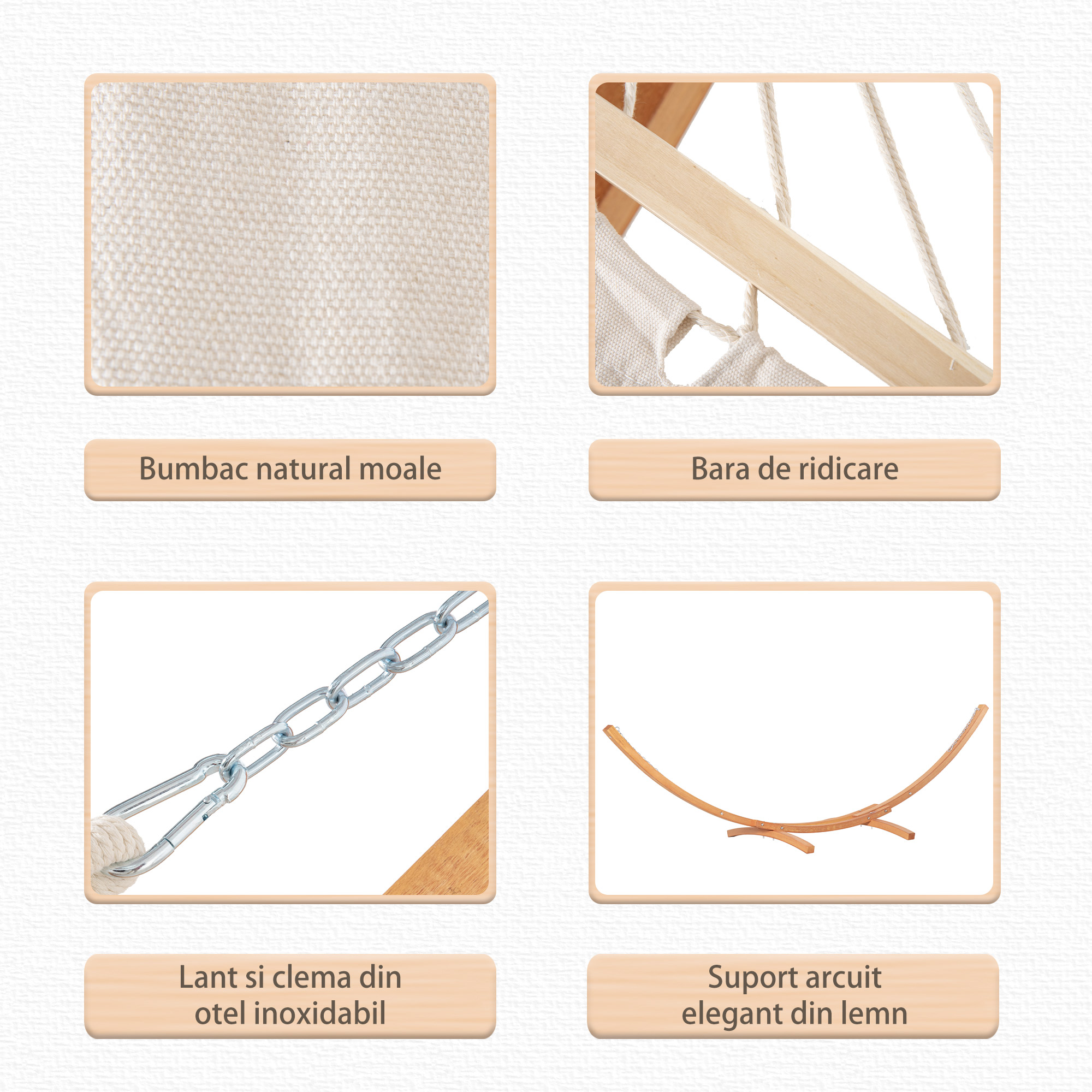 Hamac  cu Suport din Lemn si Bumbac, Hamac de Gradina pentru alte Spatii Exterioare, 392x120x102cm, Alb [5]