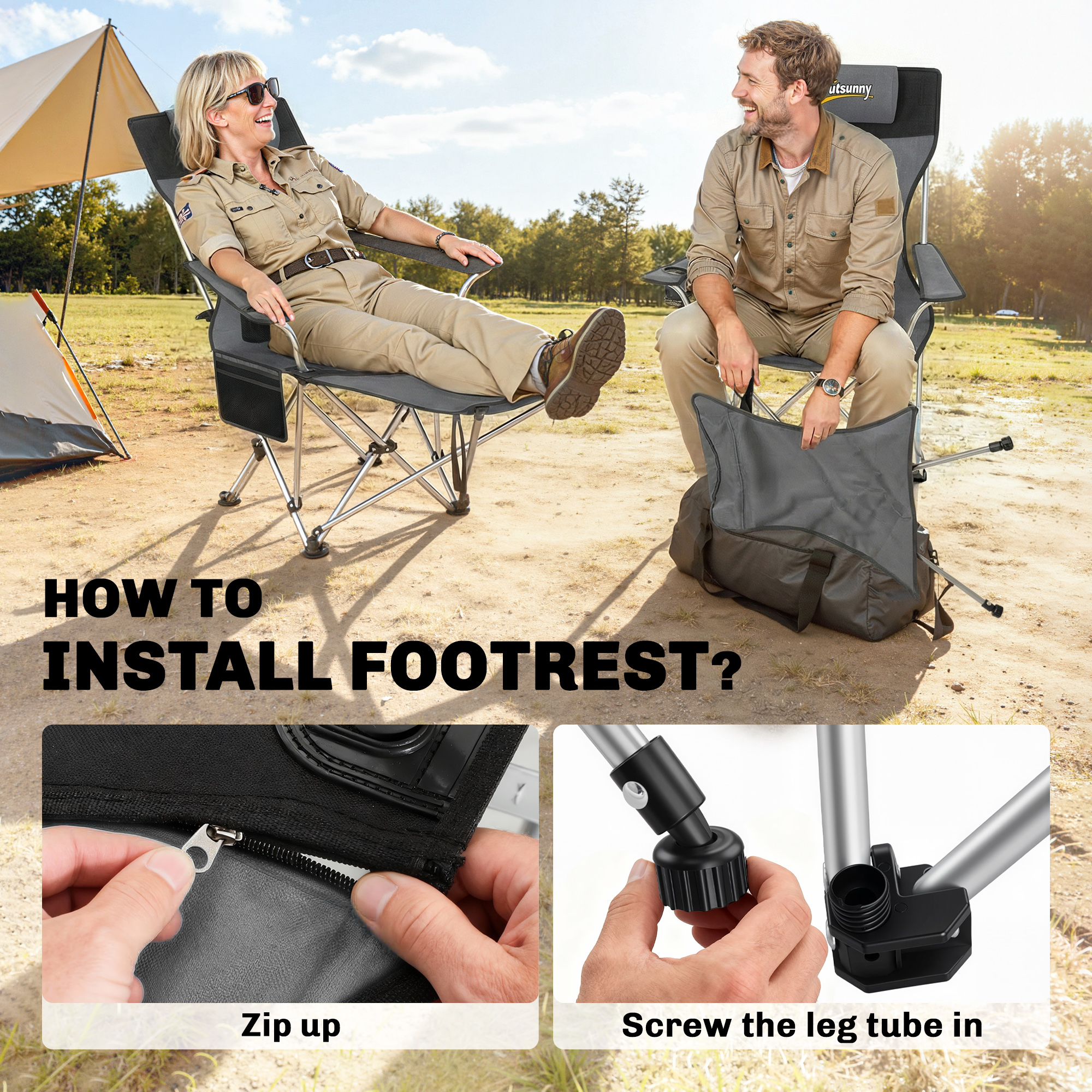  Set de 2 Scaune de Camping Pliabile cu Suport pentru Picioare Detasabil, 82x100x88 cm, Negru [6]