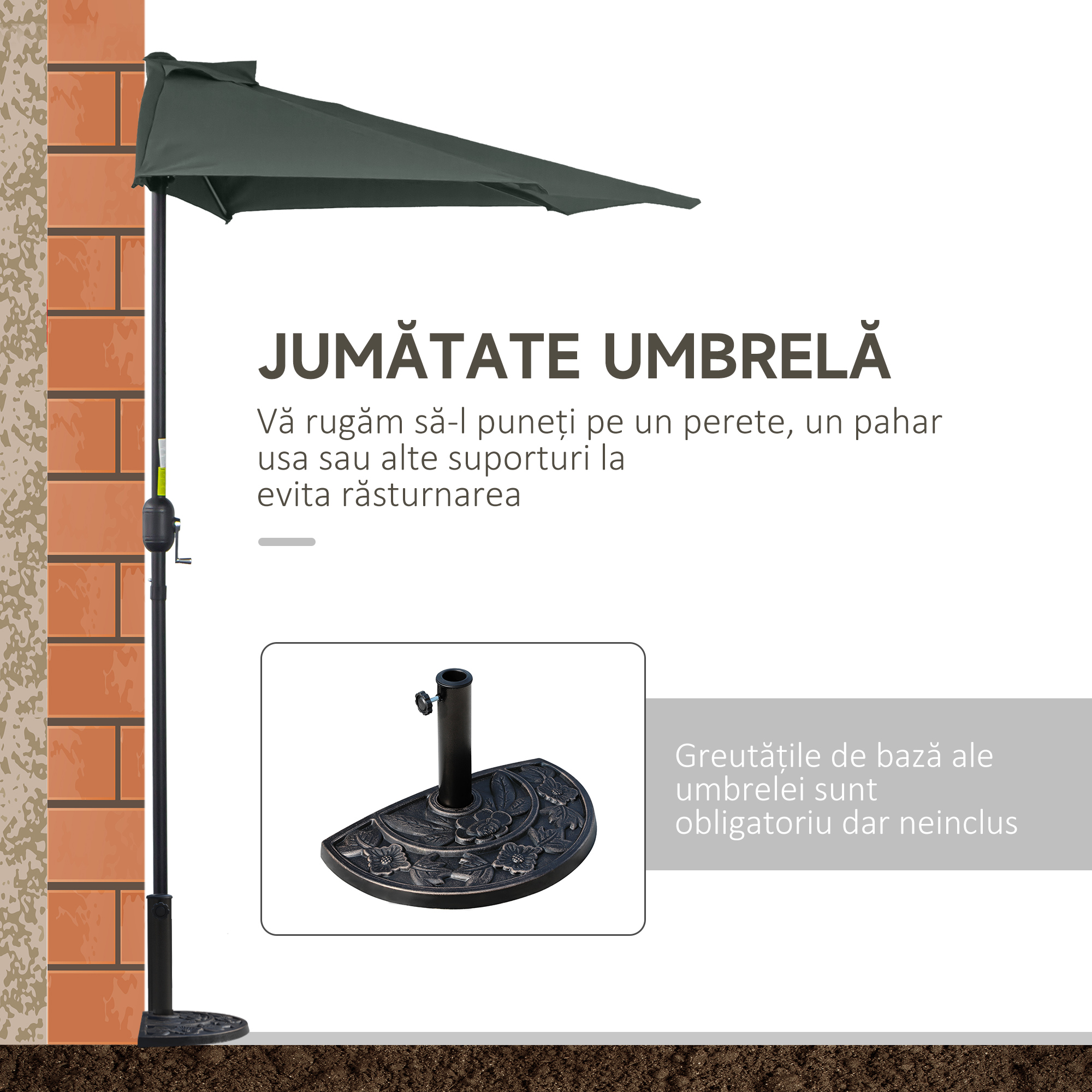  Umbrela Semicirculara de Perete pentru Gradina cu Deschidere cu Manivela din Poliester, Gri 269x138x236cm [5]