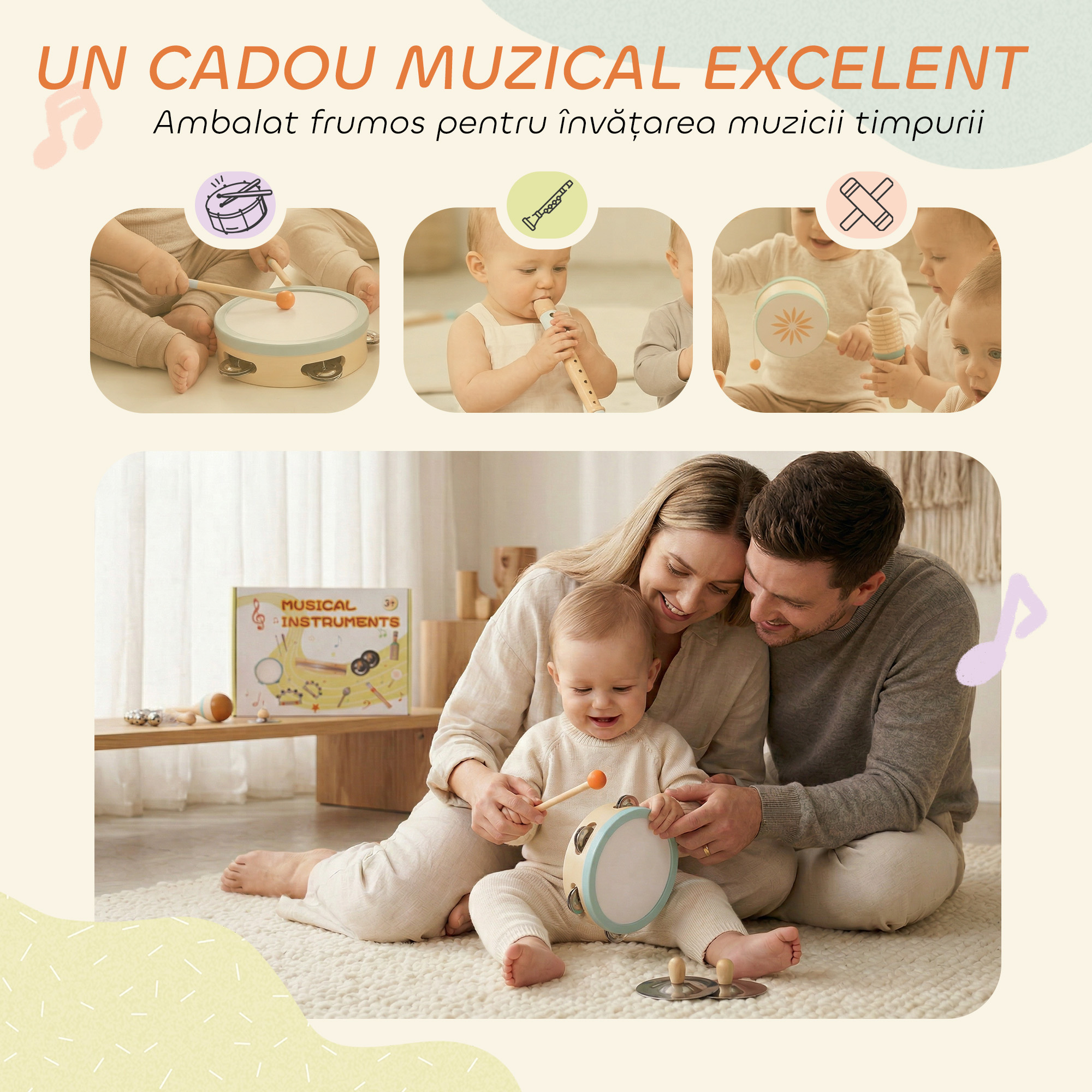  Instrumente Muzicale pentru Copii, Jucarii Muzicale Montessori din Lemn pentru Copii 3+, Set de Percutie cu Tamburina si Maracas, Cadou pentru Fete si Baieti [6]