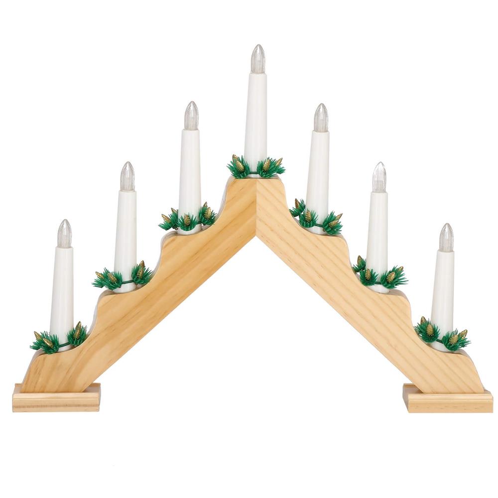 Sfesnic decorativ LED cu 7 lumanari si coronite verzi, alimentare baterii, 40x31 cm, maro si alb [12]