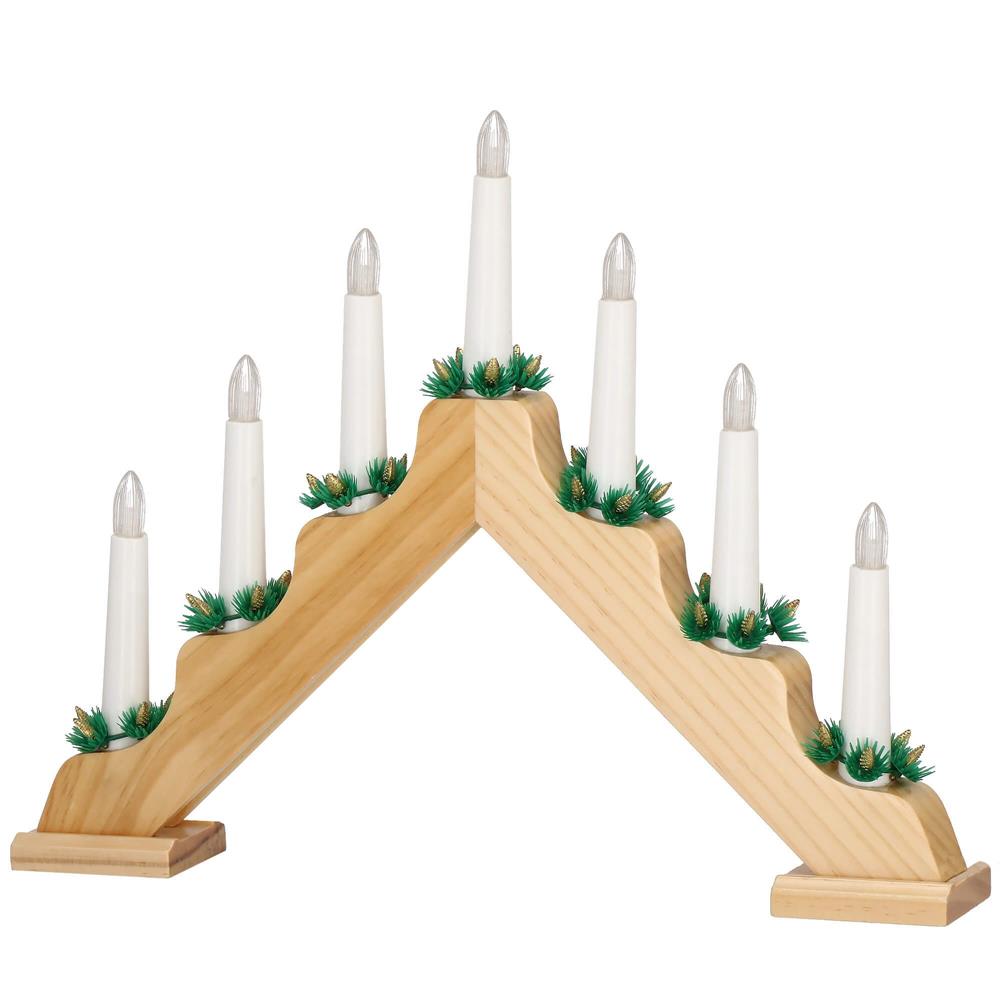 Sfesnic decorativ LED cu 7 lumanari si coronite verzi, alimentare baterii, 40x31 cm, maro si alb [4]