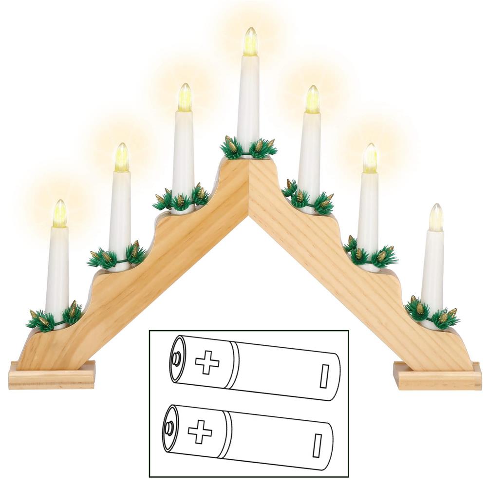 Sfesnic decorativ LED cu 7 lumanari si coronite verzi, alimentare baterii, 40x31 cm, maro si alb [7]