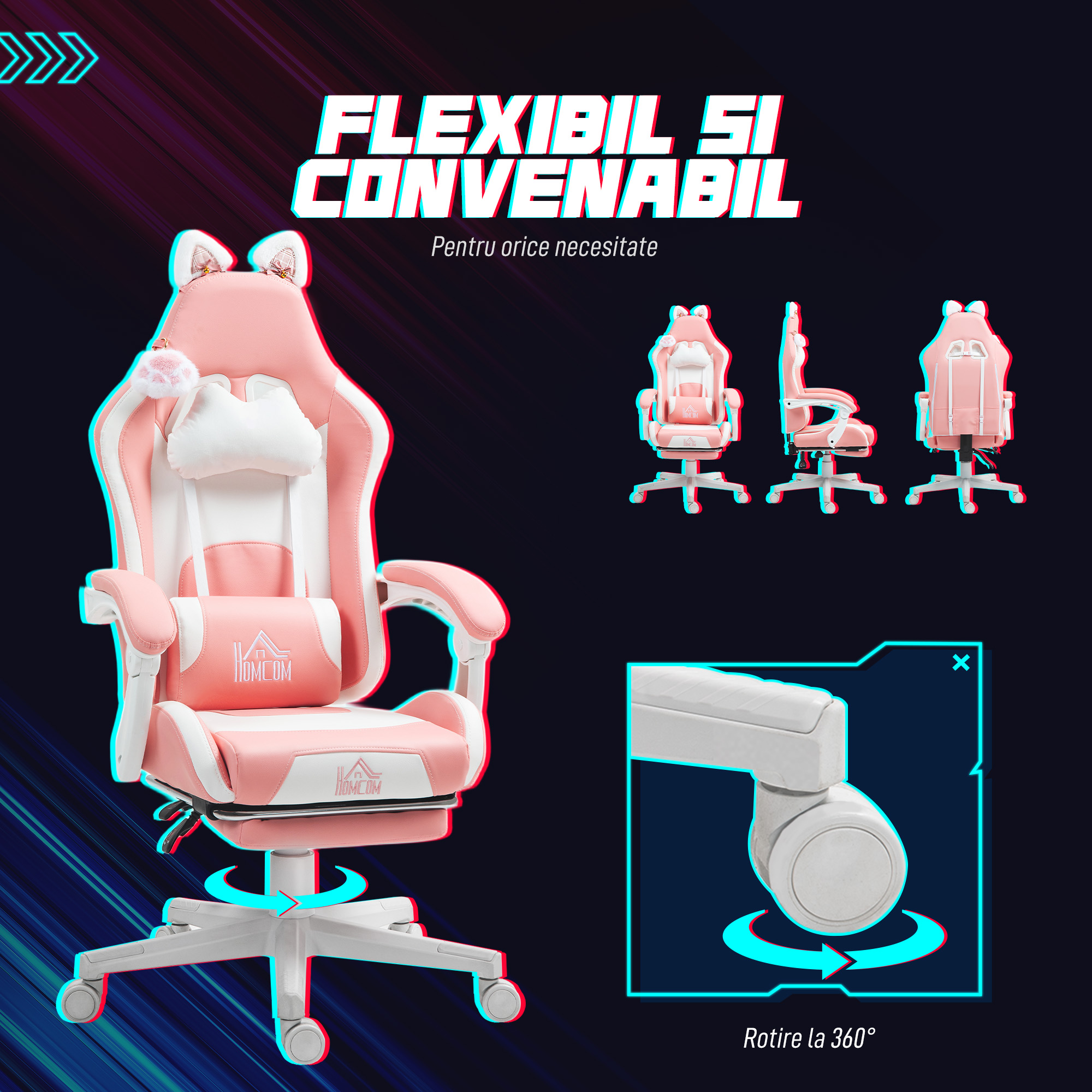  Scaun de Gaming Ergonomic cu Urechi de Pisica, Suport pentru Picioare, Suport Lombar si pentru Gat, Roz [6]