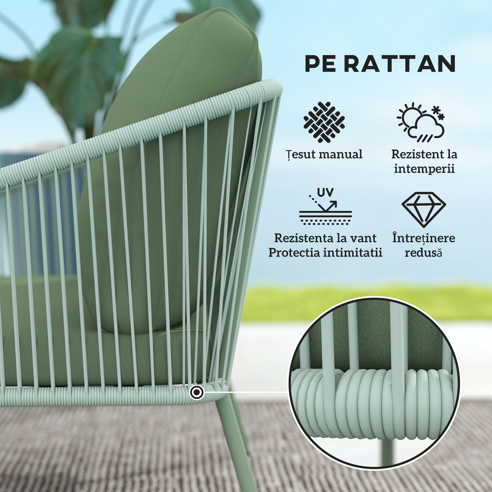  Canapea de Gradina cu 2 Locuri din Ratan PE, Stil Boho, cu Perne Detasabile si Brate, Verde [4]
