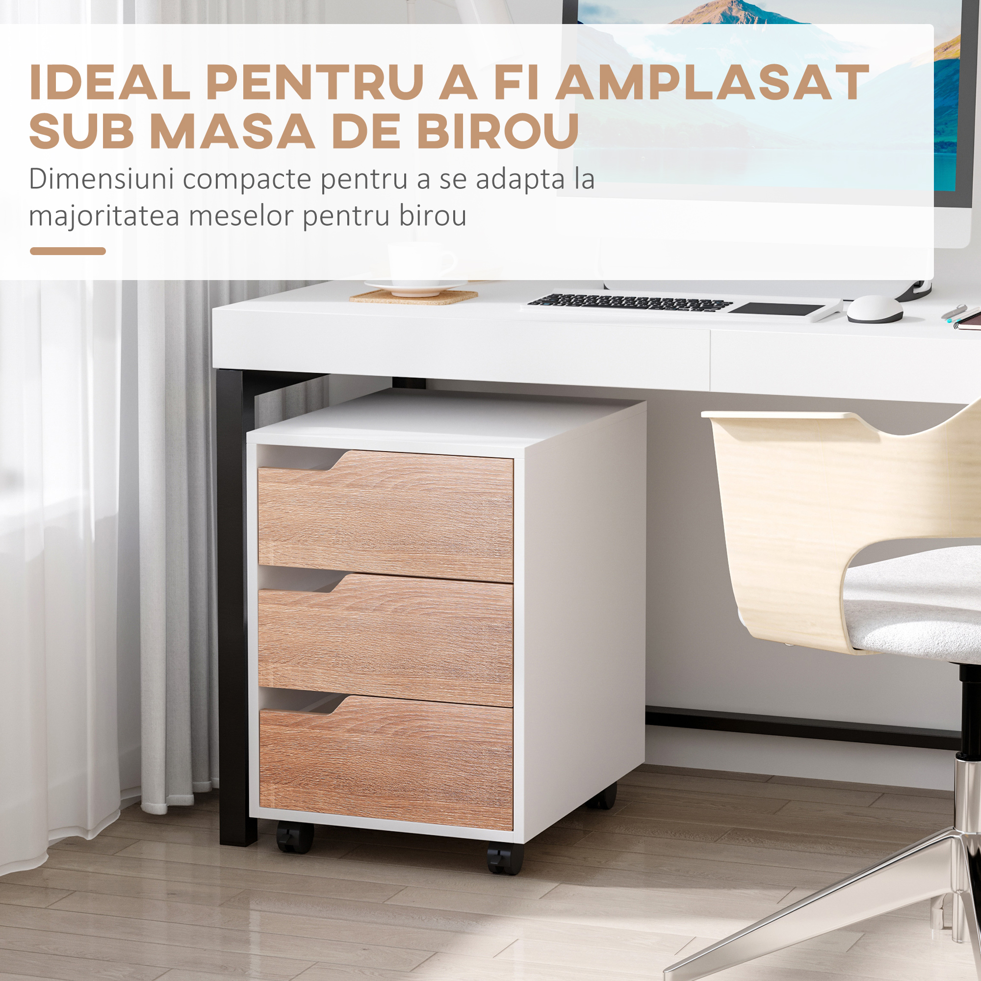  Comoda Birou - 3 Sertare, Roti, Alb si Lemn [3]