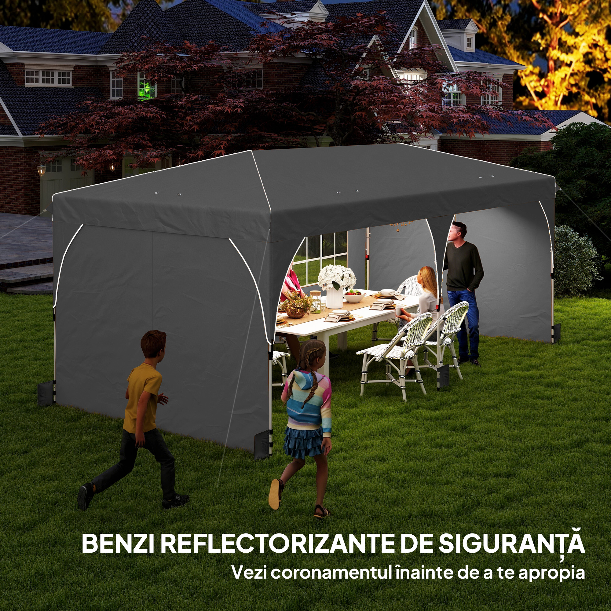  Gazebo 3x6 m Pliabil Pop Up cu inaltime Reglabila, Gazebo Exterior cu Benzi Reflectorizante, Pereti Laterali, Saci de Nisip, Geanta de Transport, UV50+, pentru Camping, Petreceri, Gri Deschis [4]