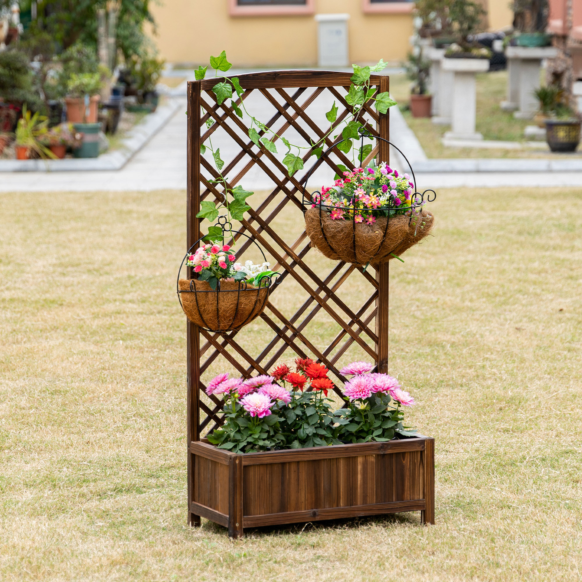  Jardiniera pentru Exterior din Lemn, Jardiniera cu Spalier pentru Plante Agatatoare, 60x30x122.5 cm, Maro [1]