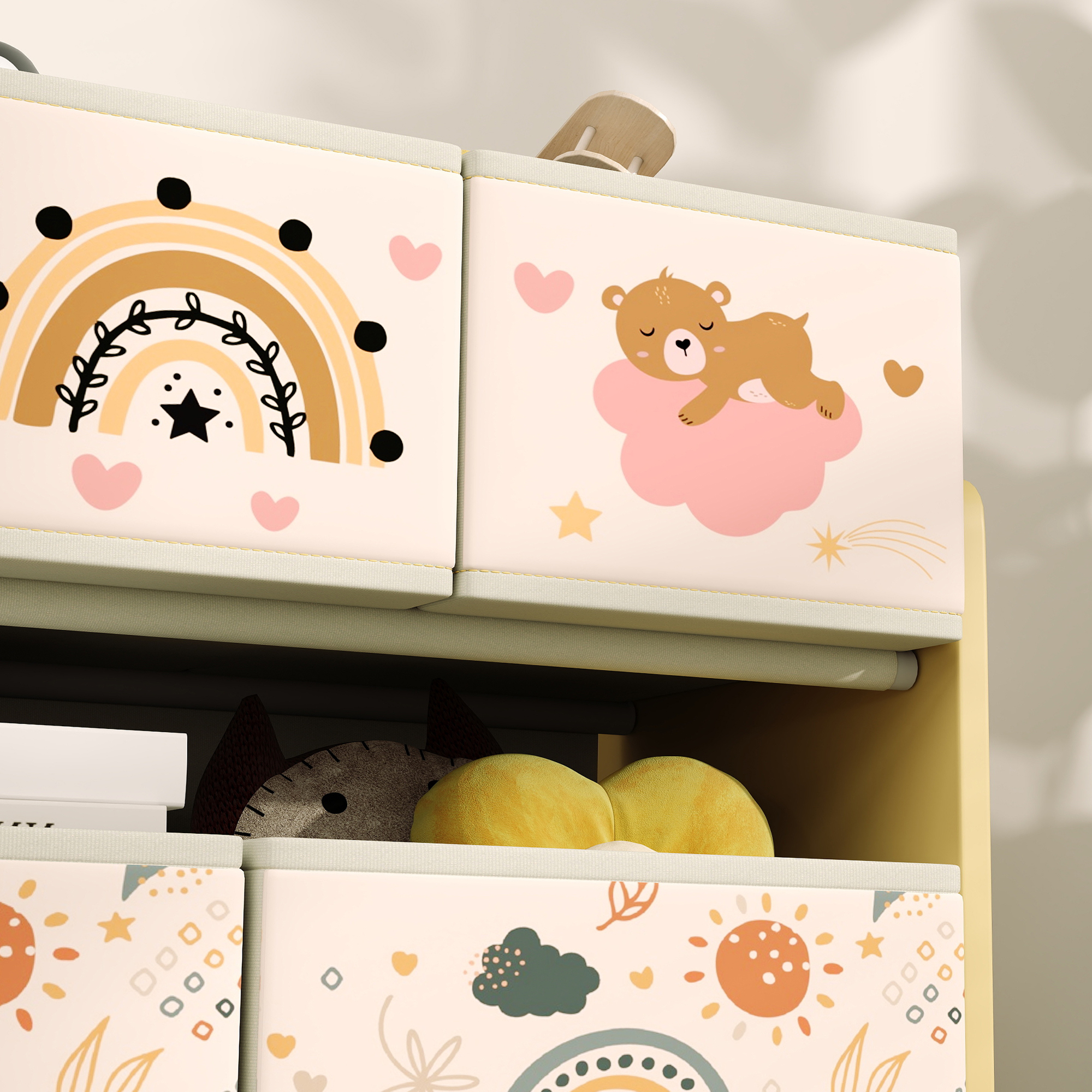  Etajera Depozitare Jucarii cu 3 Niveluri si 9 Cutii de tesatura, Mobilier Depozitare Jucarii, 93x30x70 cm, Galben [8]