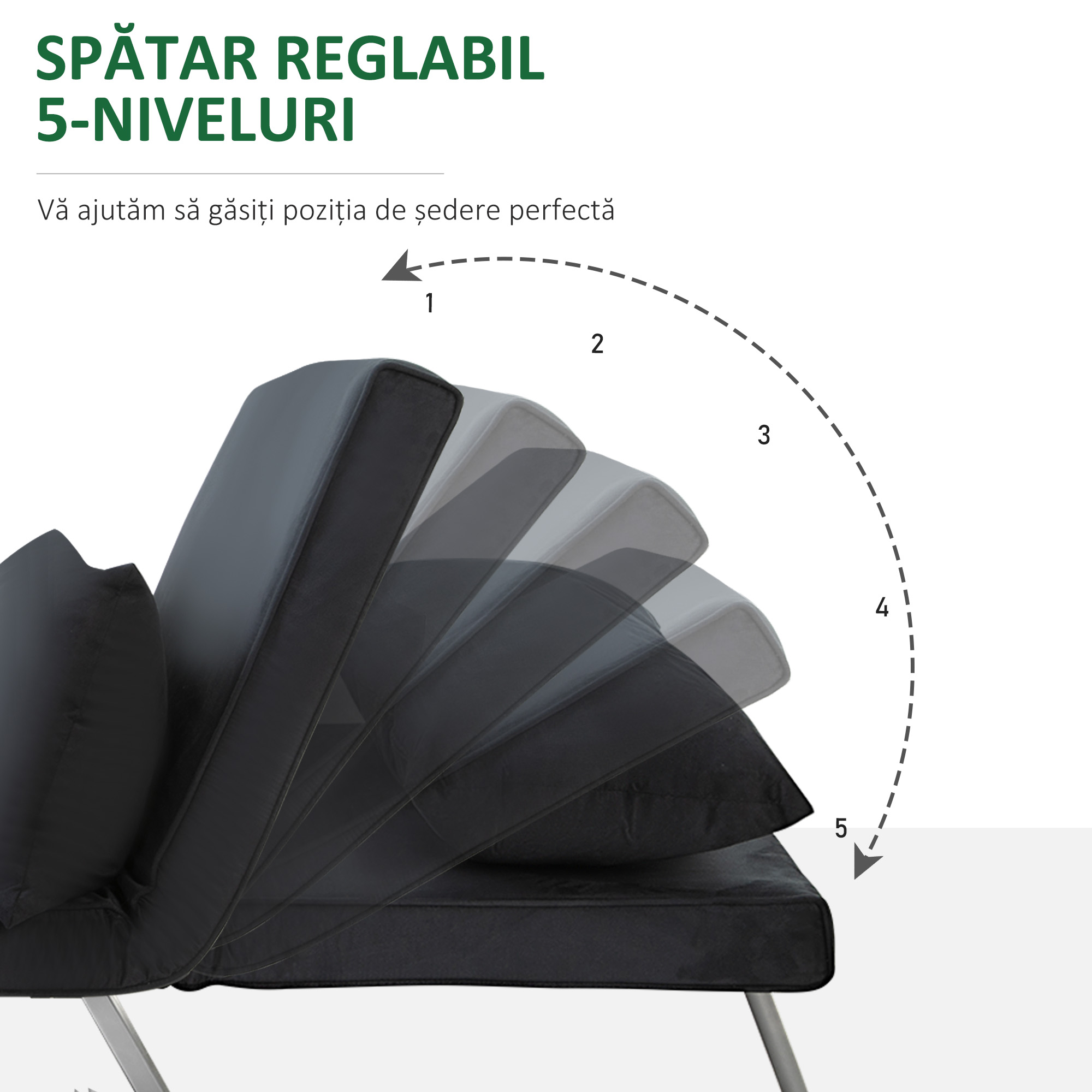  Fotoliu Pat cu Spatar Reclinabil pe 5 Niveluri si Perna, 65x77x80 cm, Negru [3]