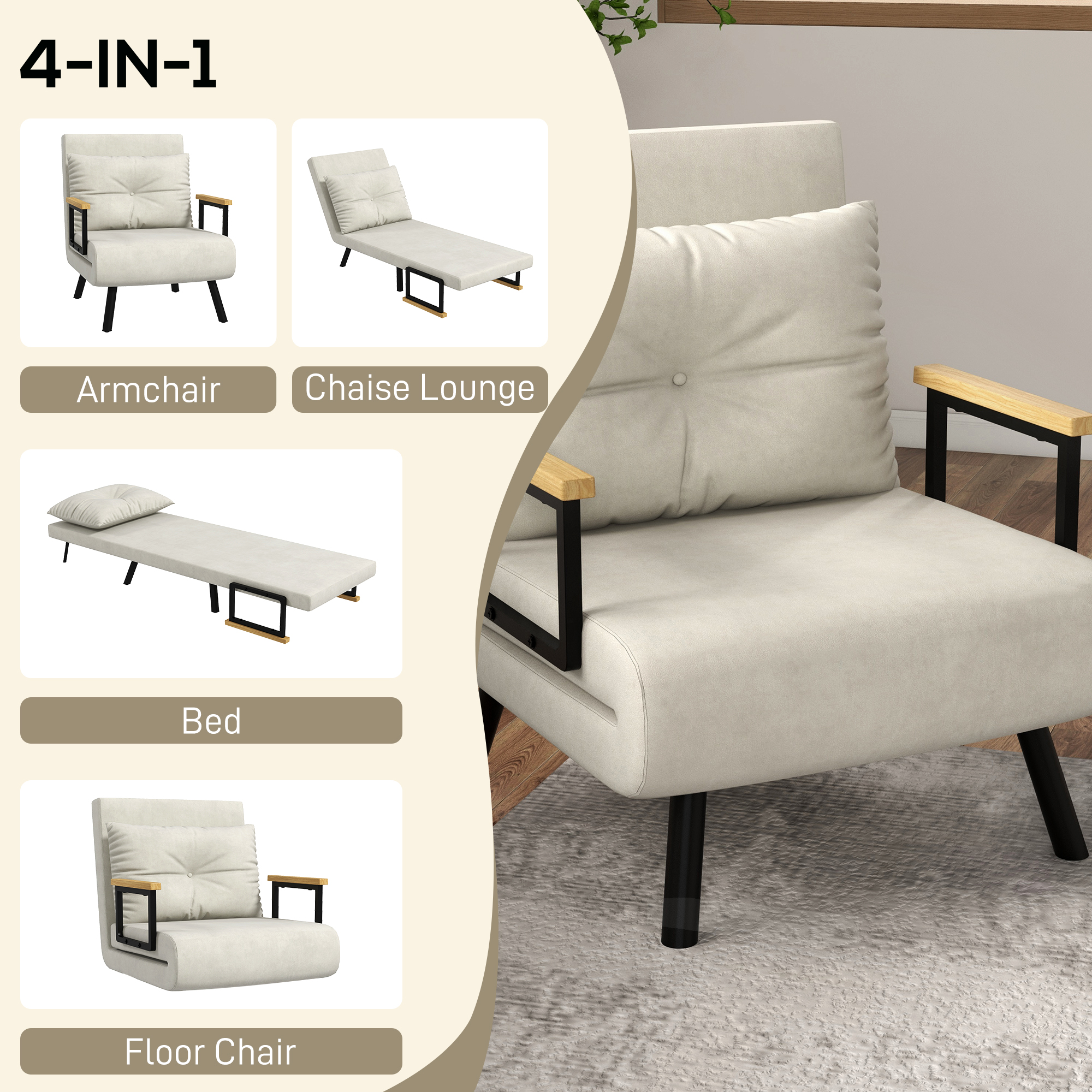  Fotoliu Pat 3 in 1 cu Spatar Reglabil si Perna, din Material cu Efect de Catifea, 63x73x81 cm, Crem [3]