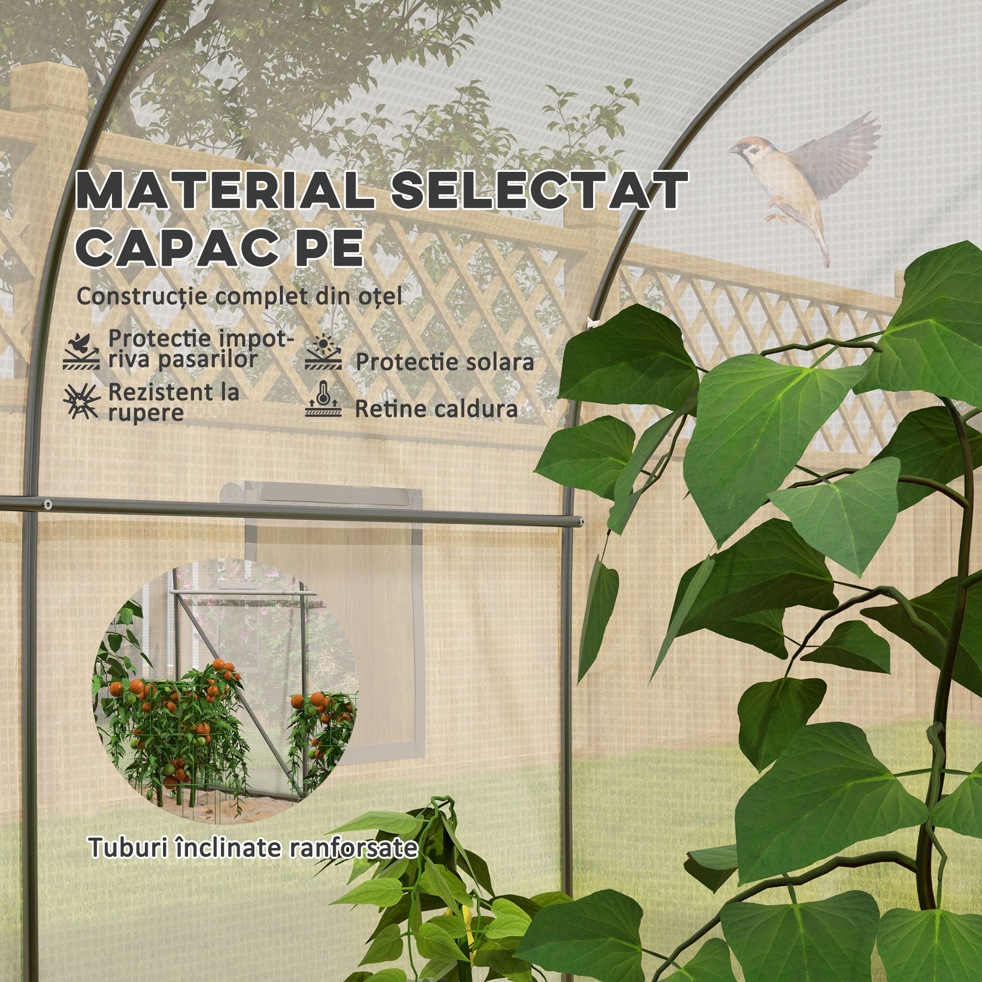  Sera Tip Tunel pentru Gradina cu 6 Ferestre si Usa Rulanta, din Otel si PE, 3.5x3x2 m, Alba [3]