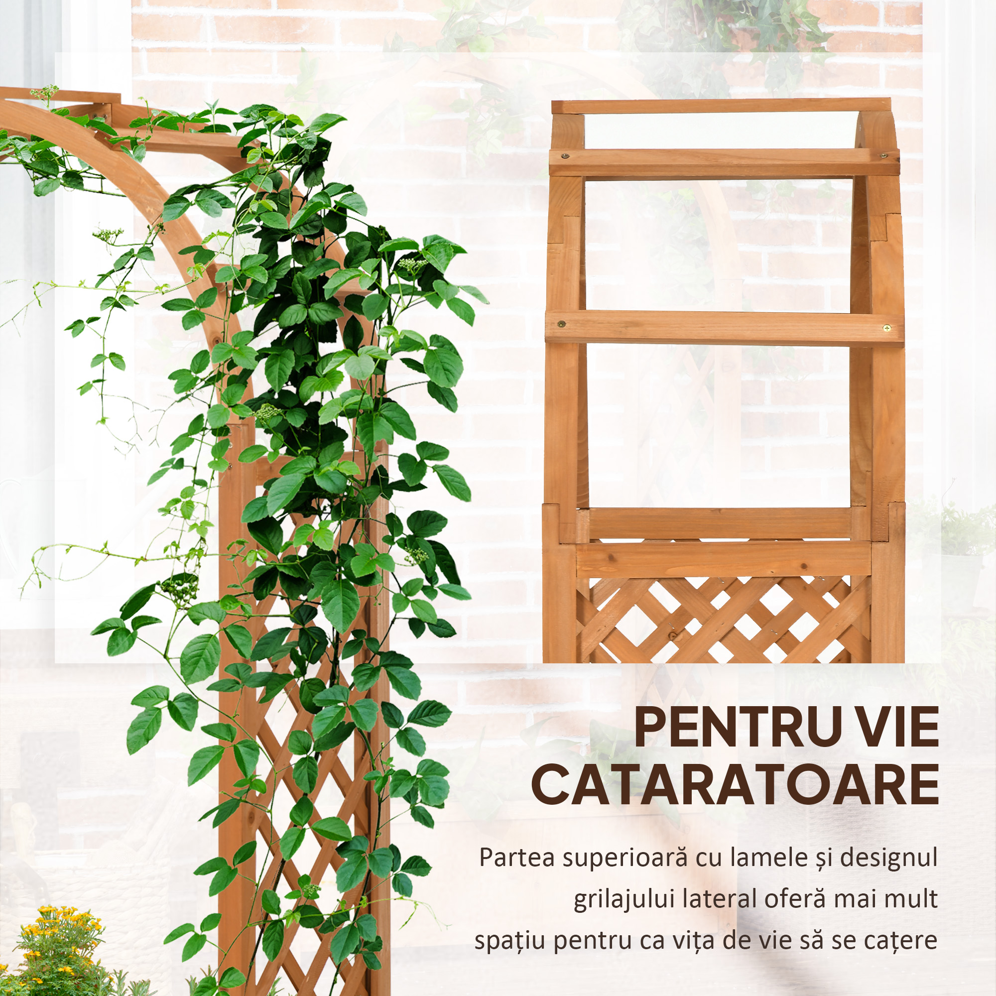  Jardiniera de Exterior din Lemn de Brad Maro cu Arc Decorativ si Grile pentru Plante Cataratoare, 83x36x152 cm [3]