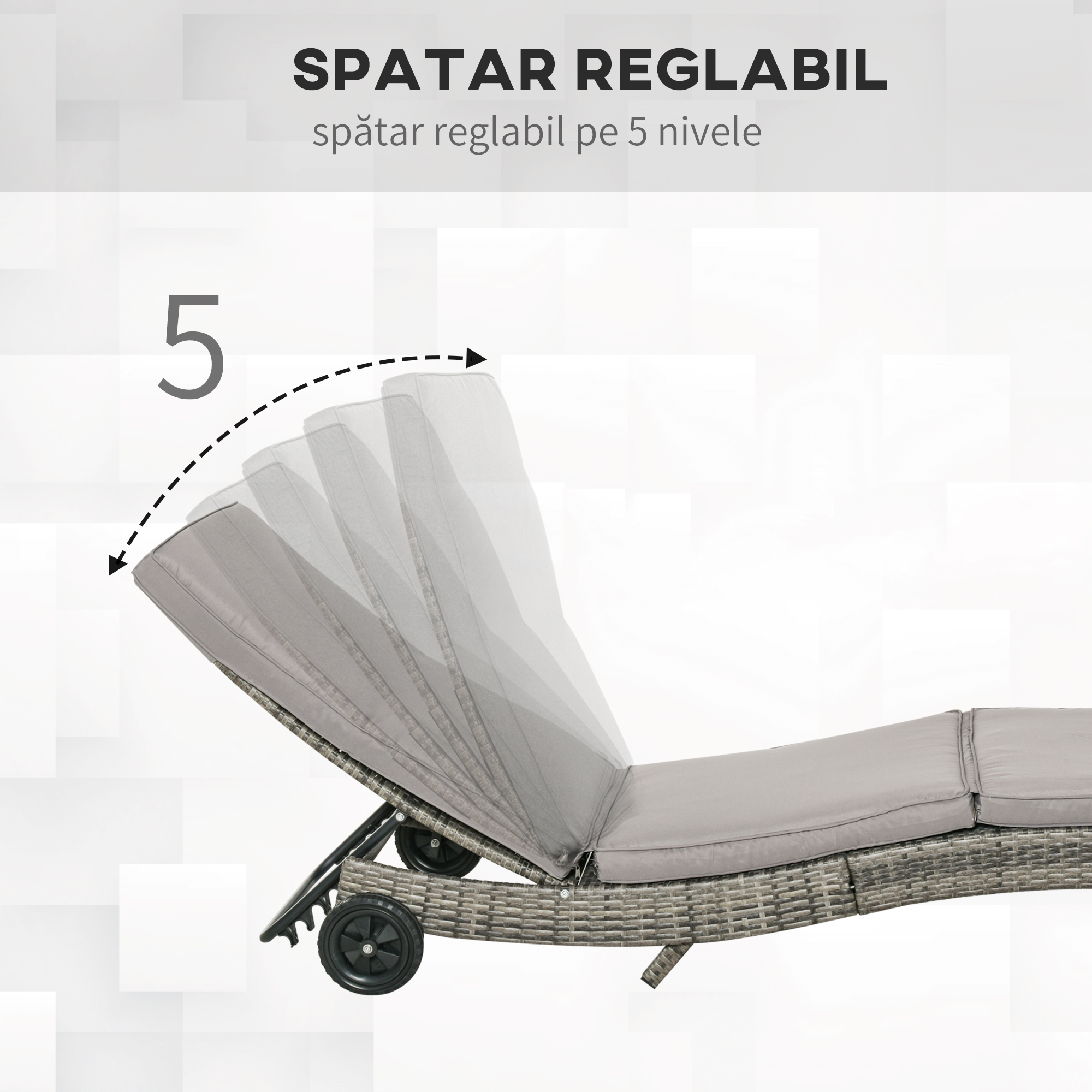  Sezlong de Gradina din Ratan PE, Sezlong pentru Plaja cu Spatar Reglabil si perna Capitonata, 207x70x70cm, Gri [4]