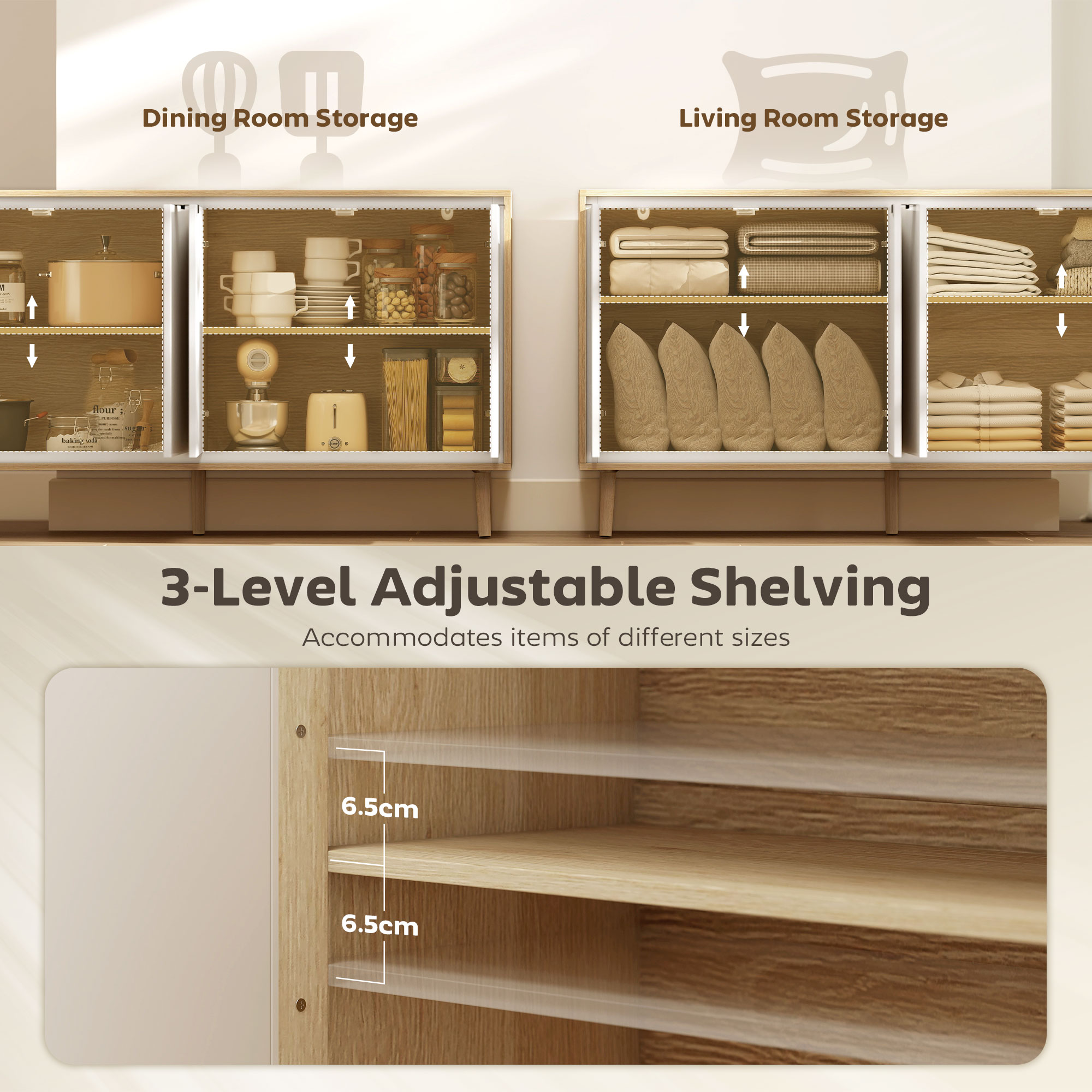  Bufet Modern cu 4 Usi si Raft Reglabil, 141x35x77 cm, Alb Lucios si Stejar [4]