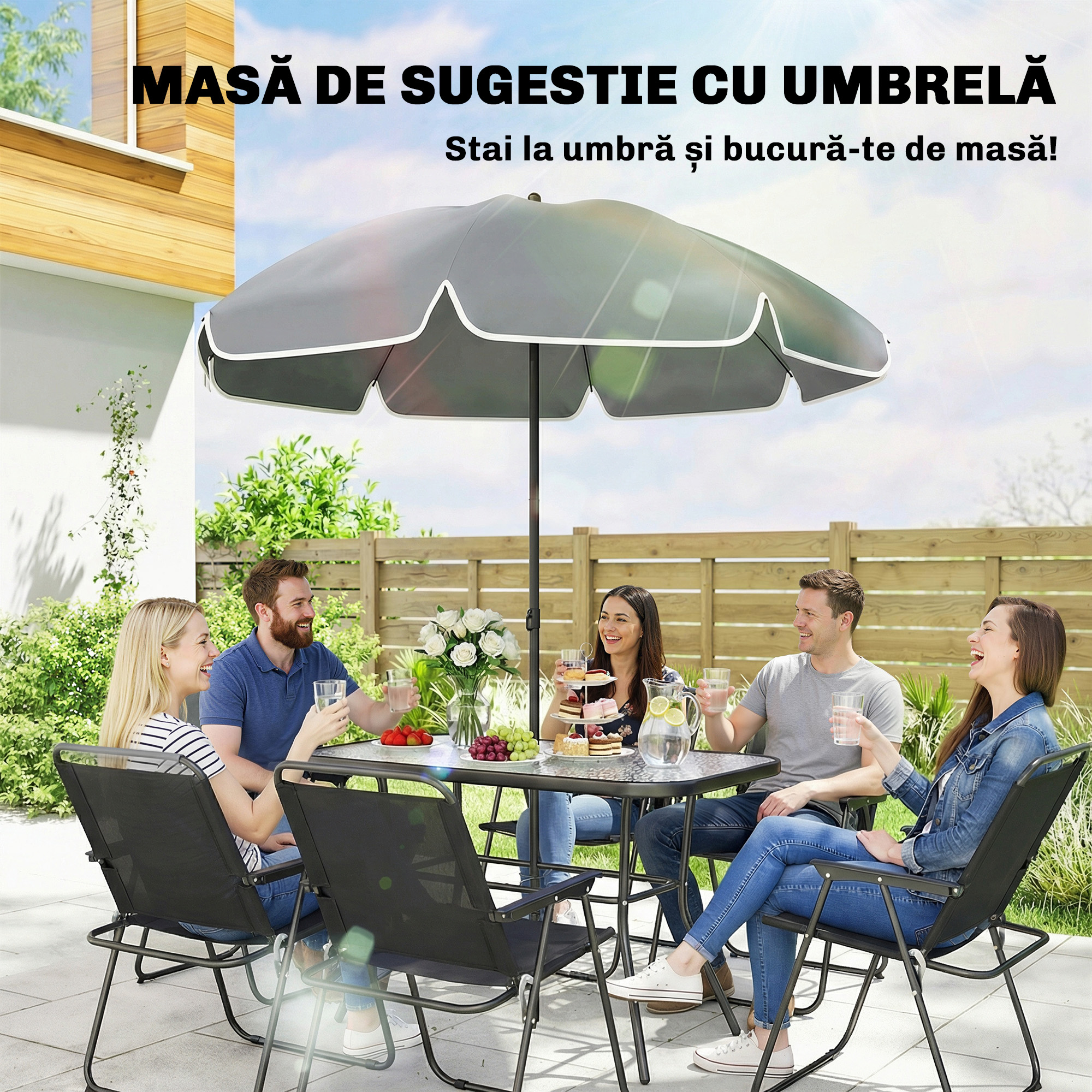  Set Gradina 8 piese cu Umbrela, 6 Scaune Pliabile si Masa din Sticla Temperata, Negru [5]