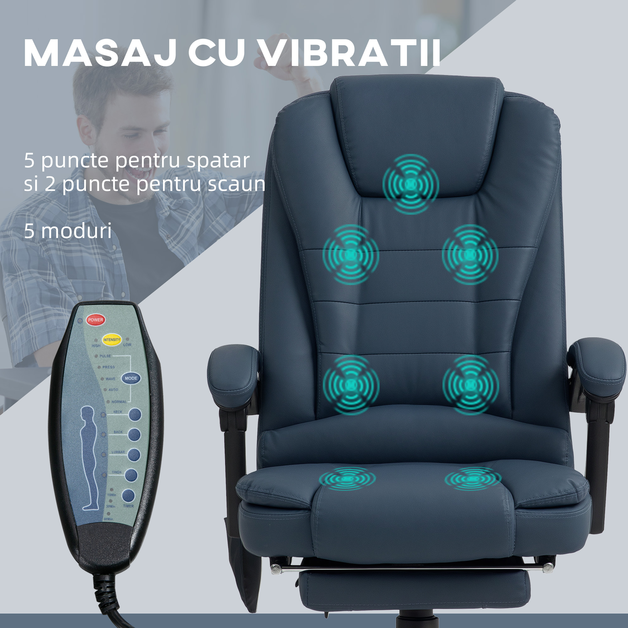  Scaun Birou Ergonomic cu 7 Puncte de Masaj si Suport Picioare Reglabil, Albastru [3]