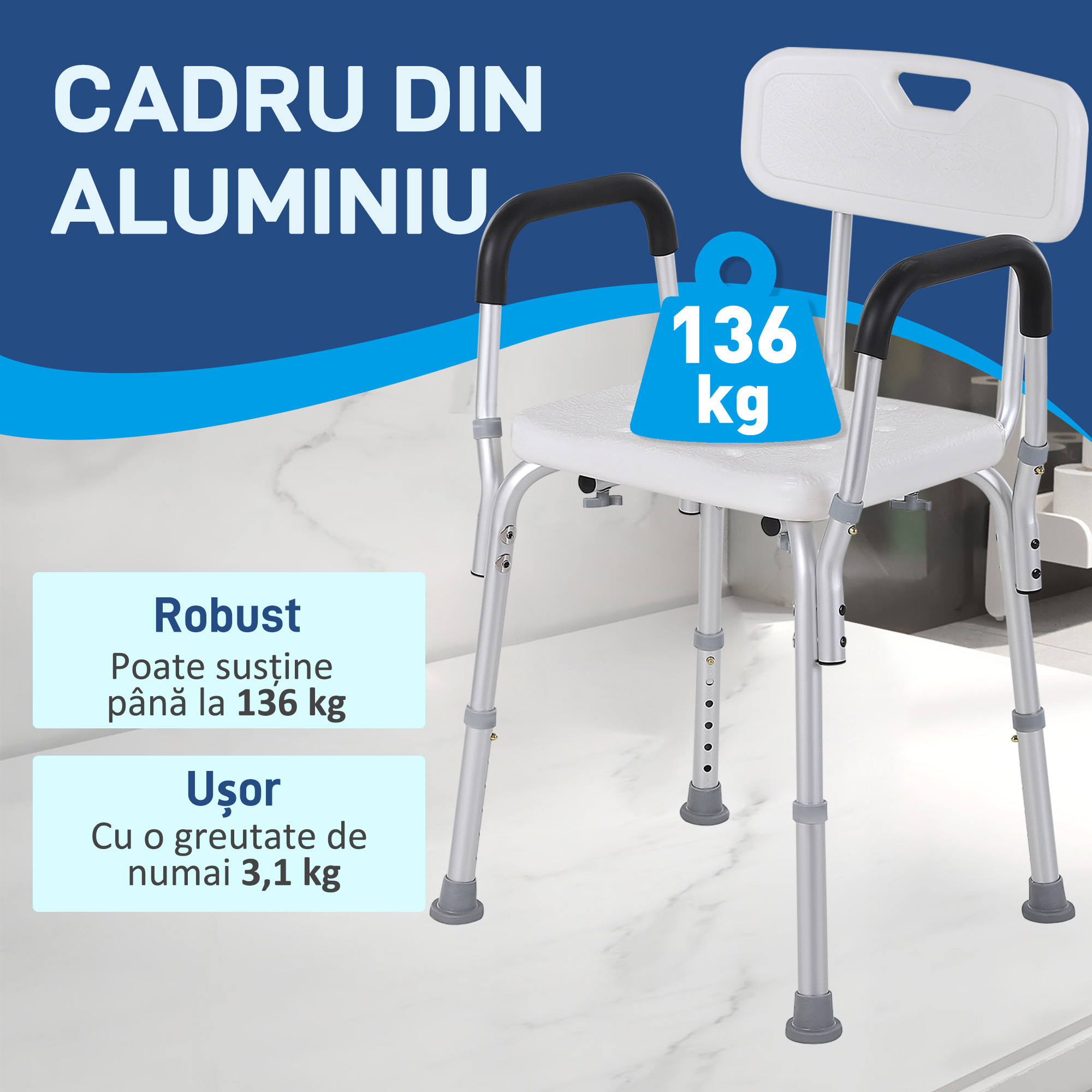  Scaun de Dus cu Spatar, Brate, inaltime Reglabila si Picioare Antiderapante, 51,5x51,5x71-84 cm, Alb [3]