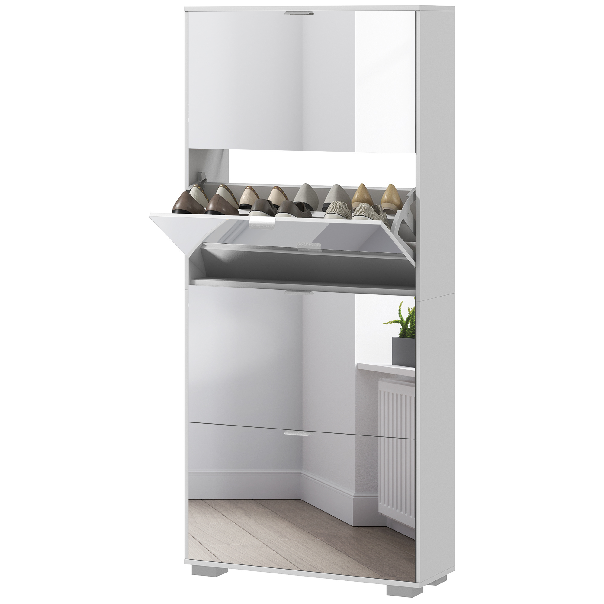  Dulap pentru Depozitarea incaltamintei cu Usi, Oglinda si 4 Sertare Rabatabile, 76x26x168 cm, Alb [8]