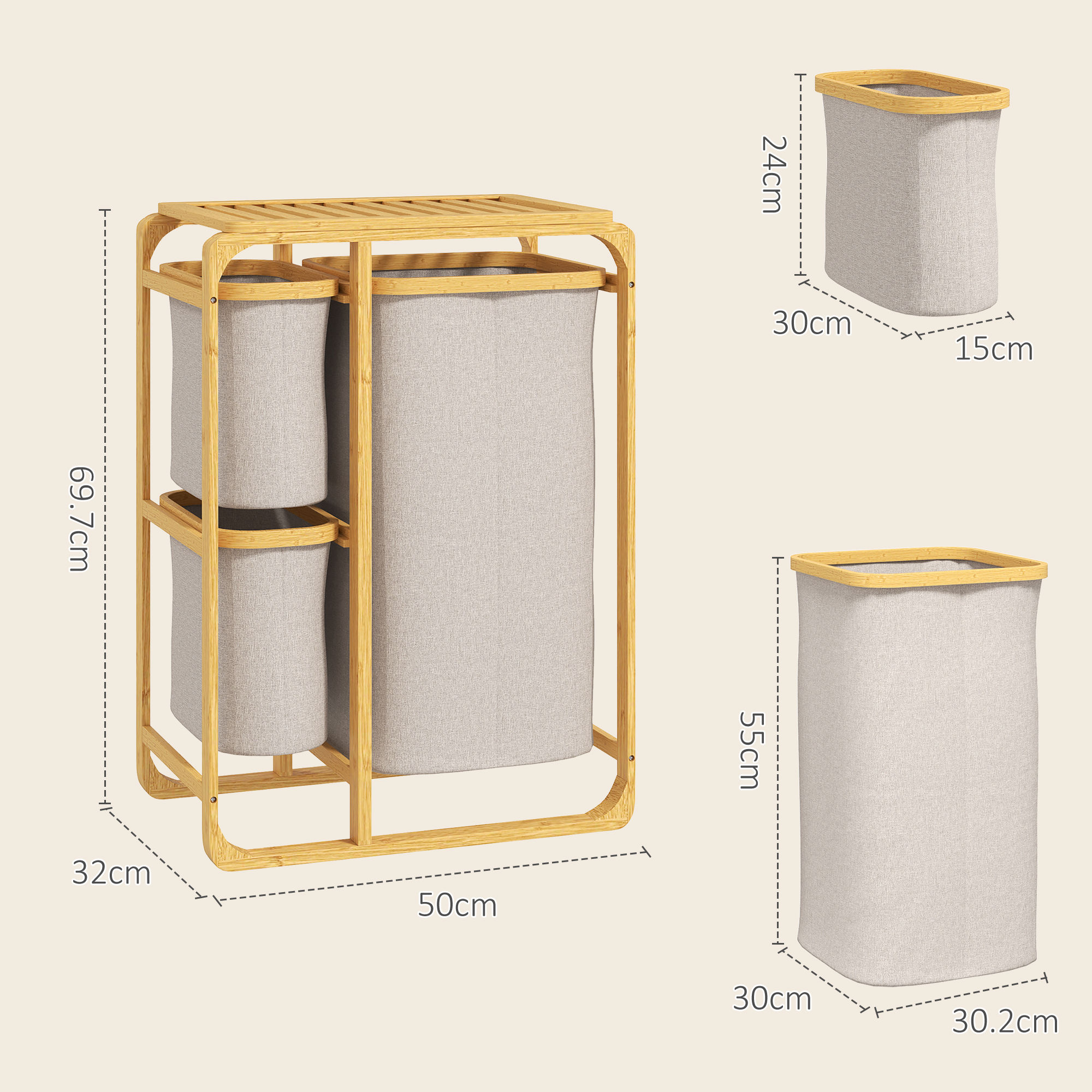  Cos pentru Rufe cu 3 Saci si Rafturi Detasabile din Material Textil din Bambus, 50x32x69,7 cm, Alb Crem [2]