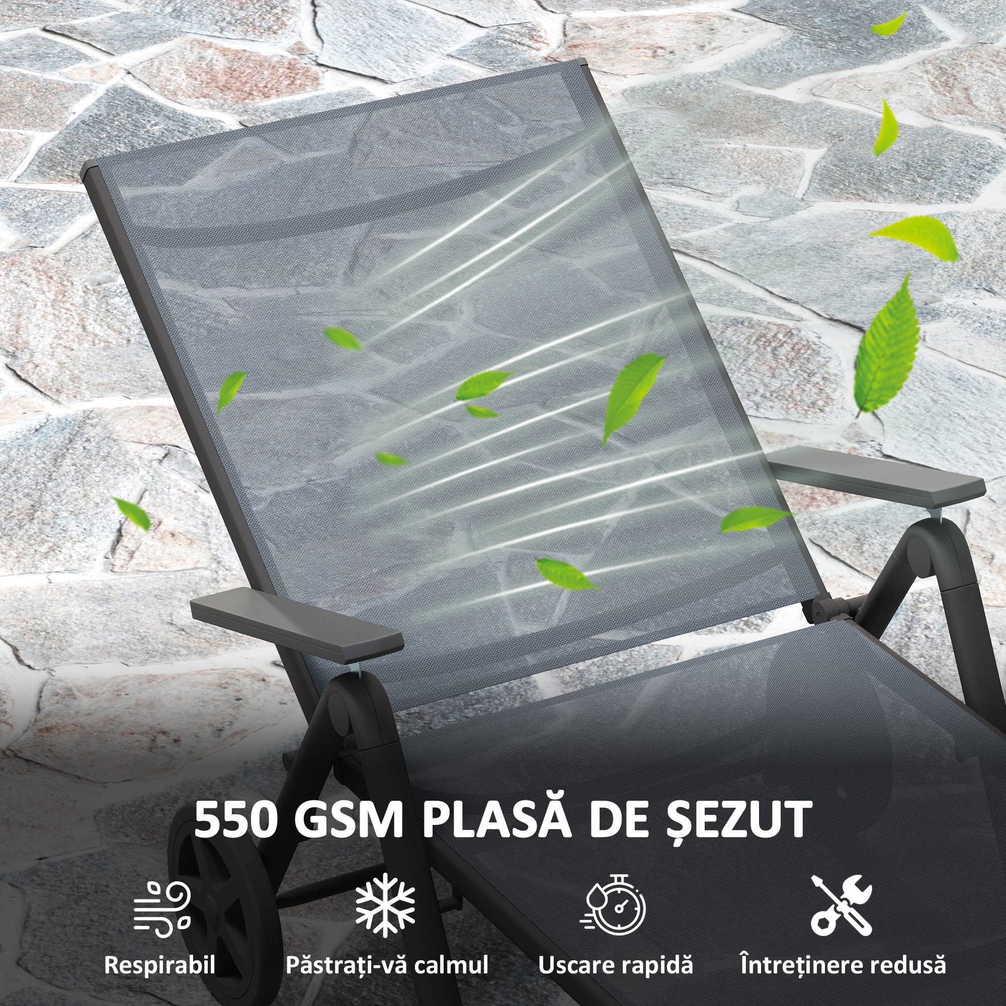  sezlong Pliabil cu Roti si Spatar Reglabil in 5 Pozitii, 72x158x84 cm, Gri [5]