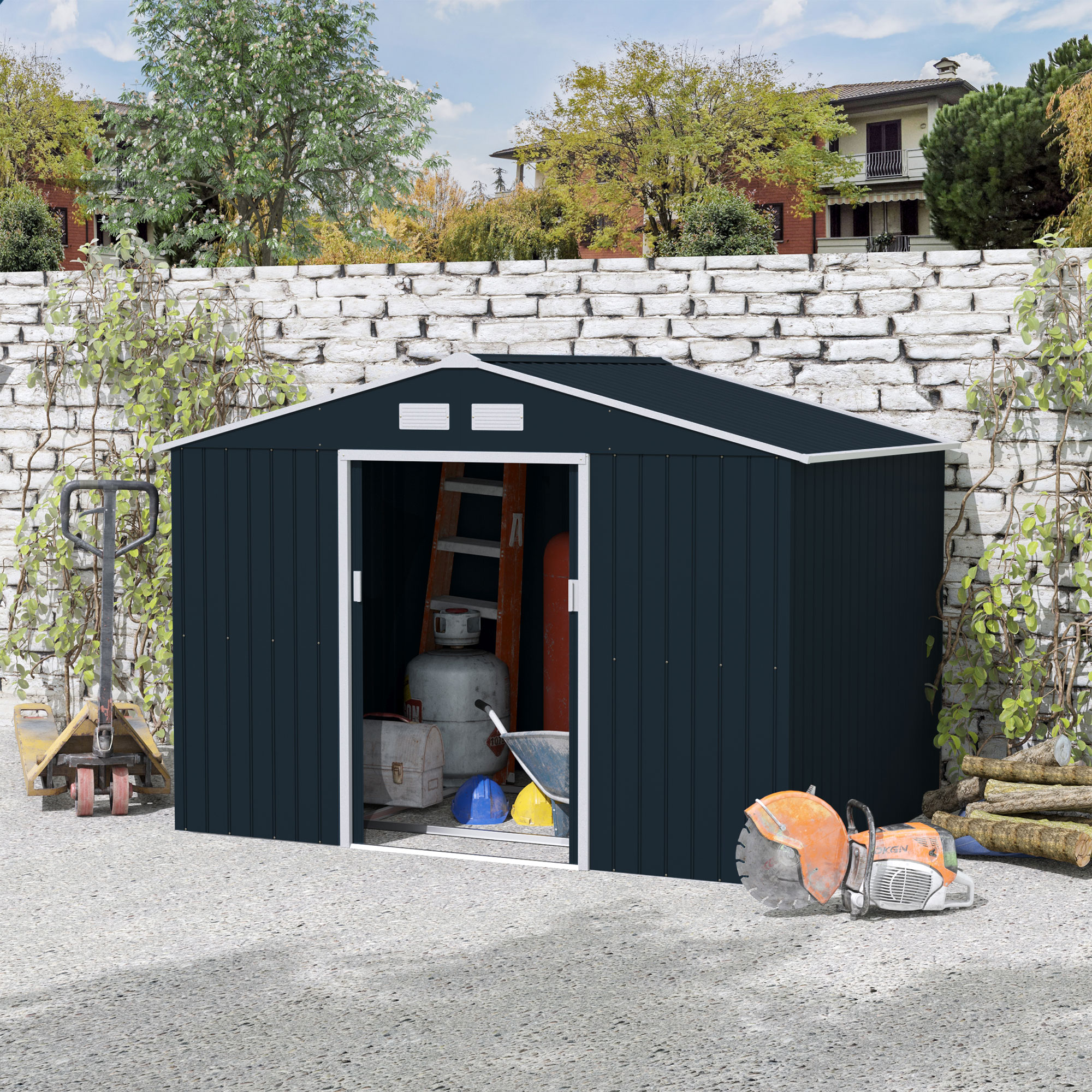  Sopron de Gradina cu Usi Duble Glisante din Tabla de Otel, 277x195x192cm, Gri [2]