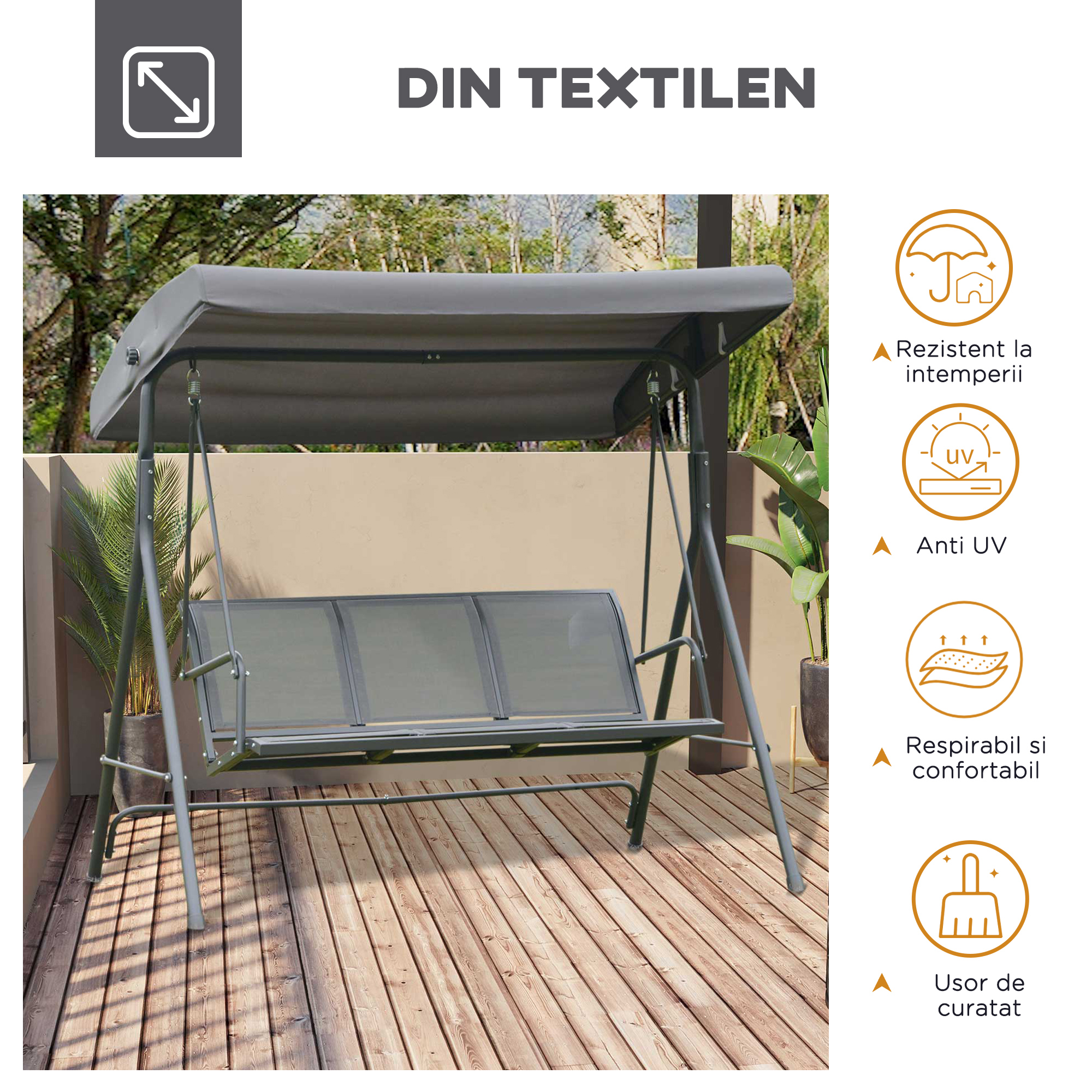  leagan 3 locuri, cu acoperis, 178x111x155cm gri [6]