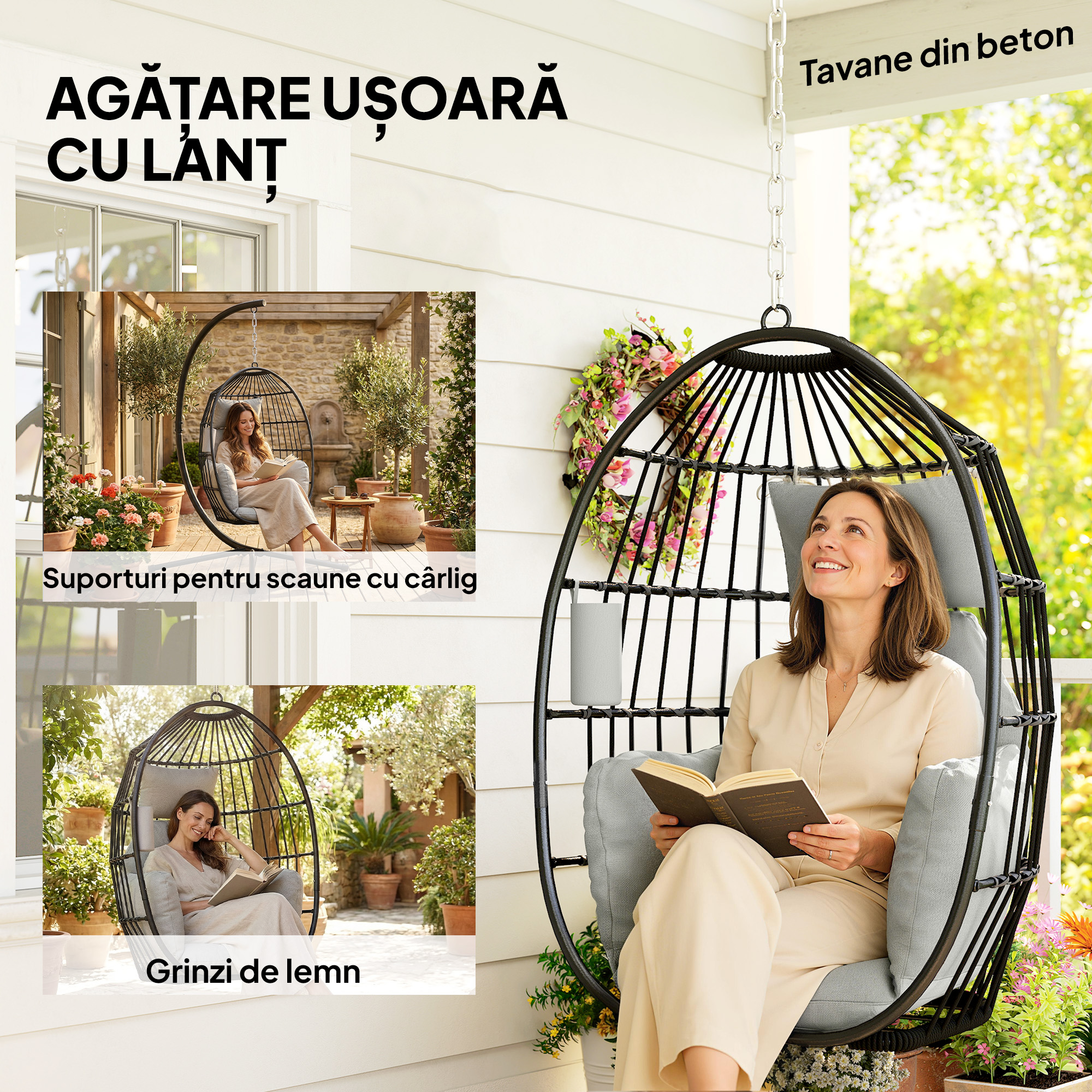  Scaun Suspendat in Forma de Ou cu Agatatoare, Perna Moale, Tetiera, Suport pentru Pahare, Scaun Pliabil de Gradina din Otel, pentru Interior si Exterior, 75x62x107 cm, Gri [7]