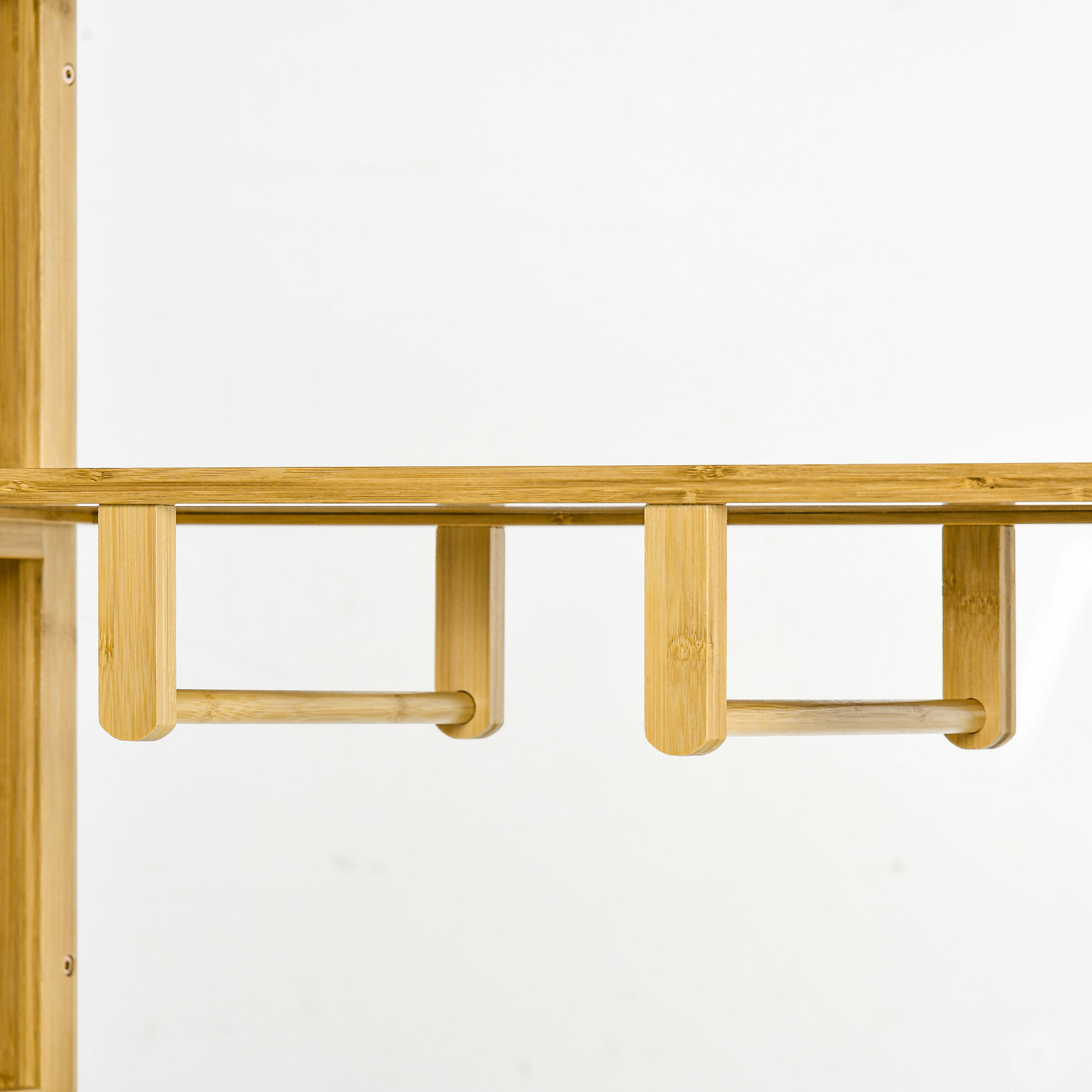  Dulap Deschis din Bambus cu 2 Usi Glisante, Rafturi Deschise si Bara pentru Umerase, 145x35x165cm [8]