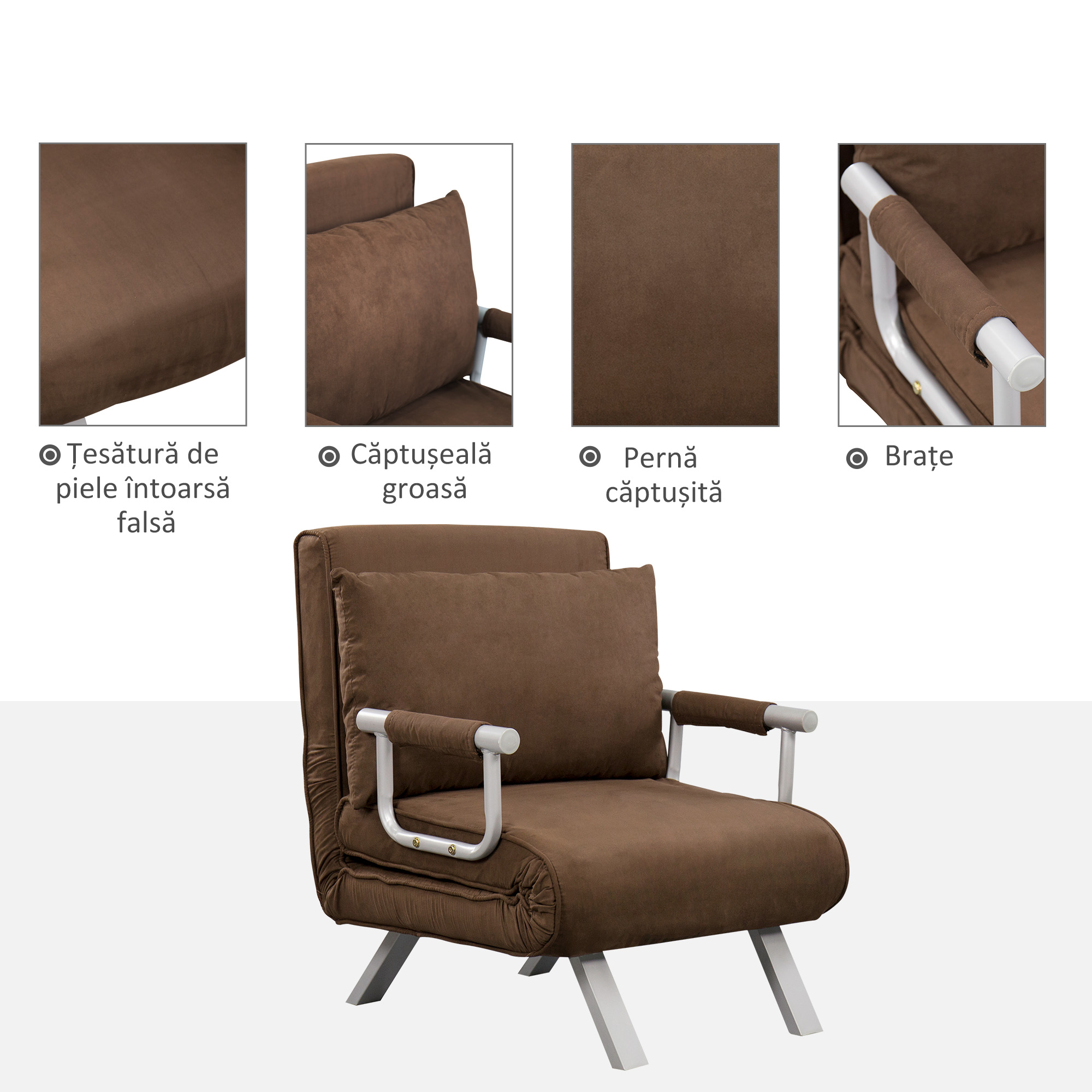  Fotoliu Pat Individual 3 in 1 cu Spatar Reglabil pe 5 Nivele si Perna, 65x69x80 cm, Maro [5]