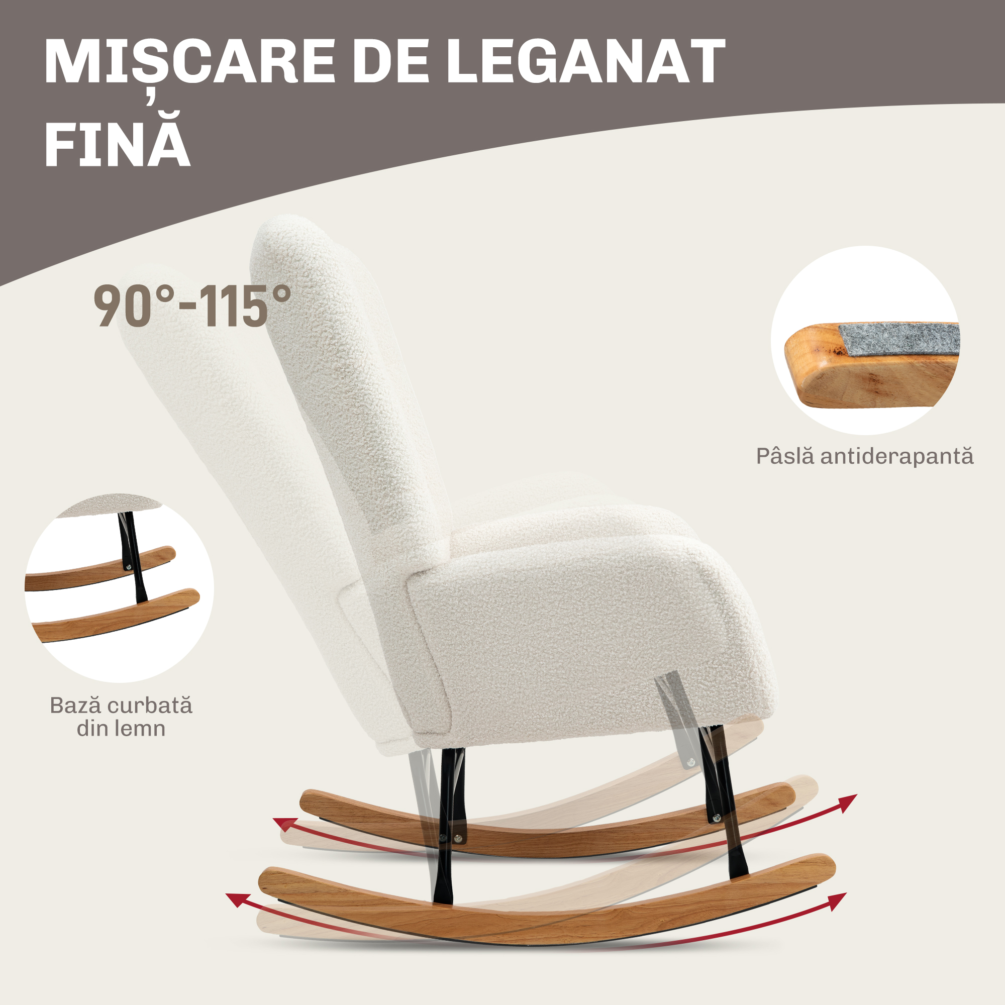  Scaun Balansoar Fotoliu Relaxant din Catifea Teddy, Alb Crem [3]