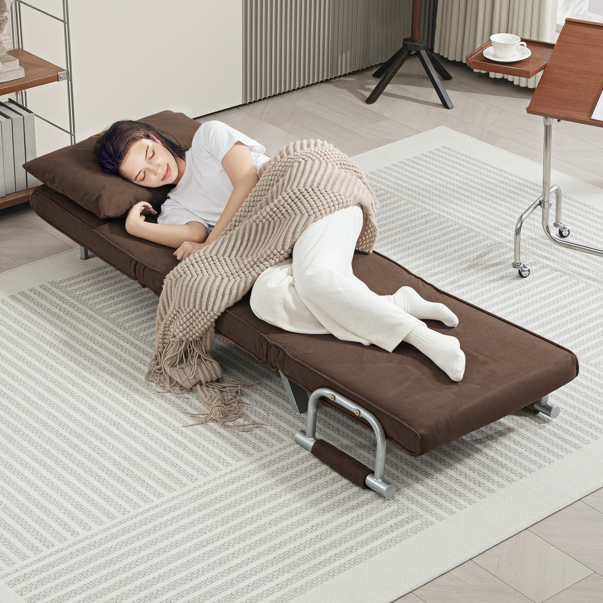  Fotoliu Pat Individual 3 in 1 cu Spatar Reglabil pe 5 Nivele si Perna, 65x69x80 cm, Maro [8]