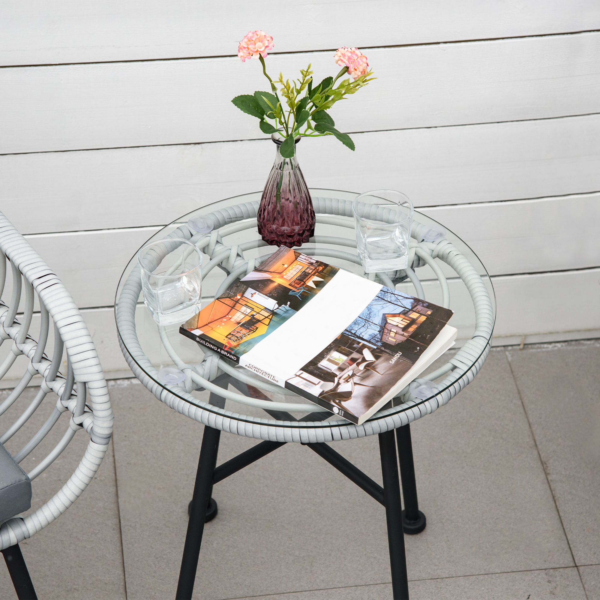  Set Mobilier de Gradina din Ratan PE de 3 Piese, Salon in Aer Liber cu 2 Scaune si Masa cu Blat de Sticla pentru Terasa si Bistrò, Gri [8]