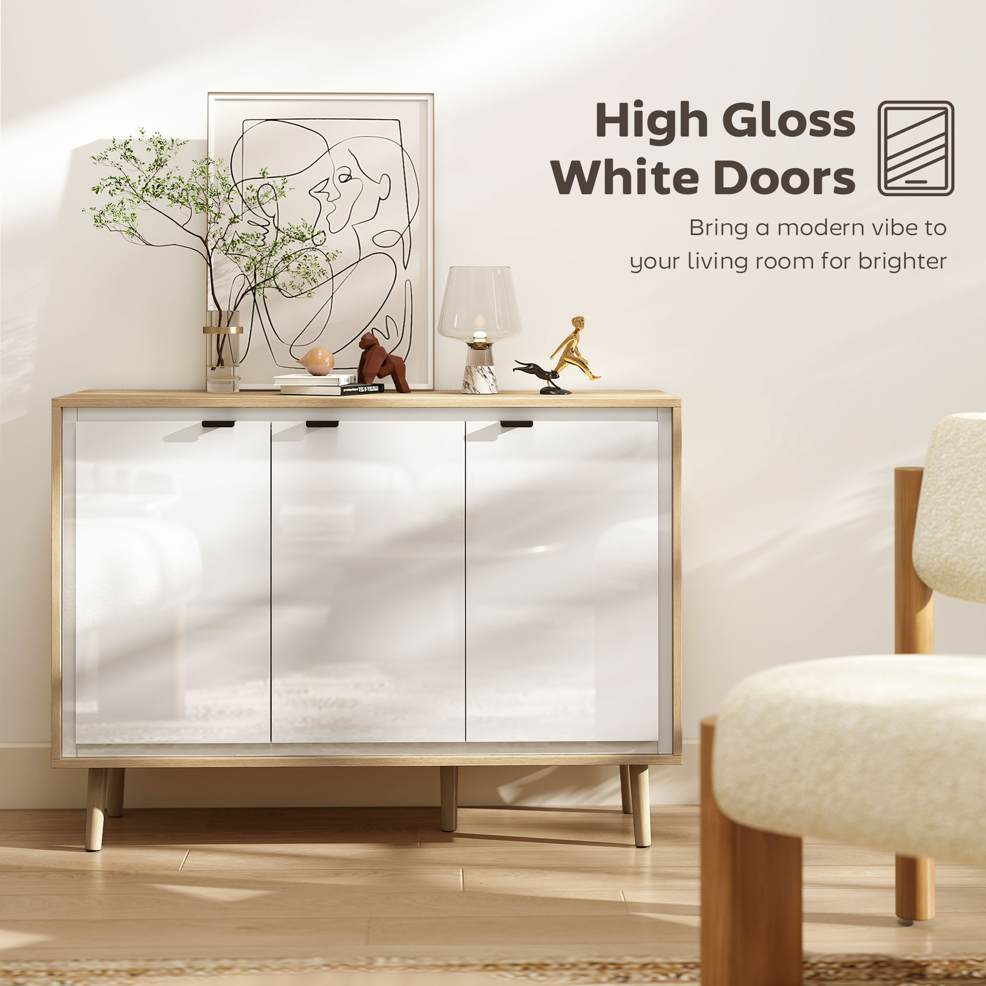  Bufet Modern cu 3 Usi si Raft Reglabil 107x35x77cm Alb si Stejar [3]