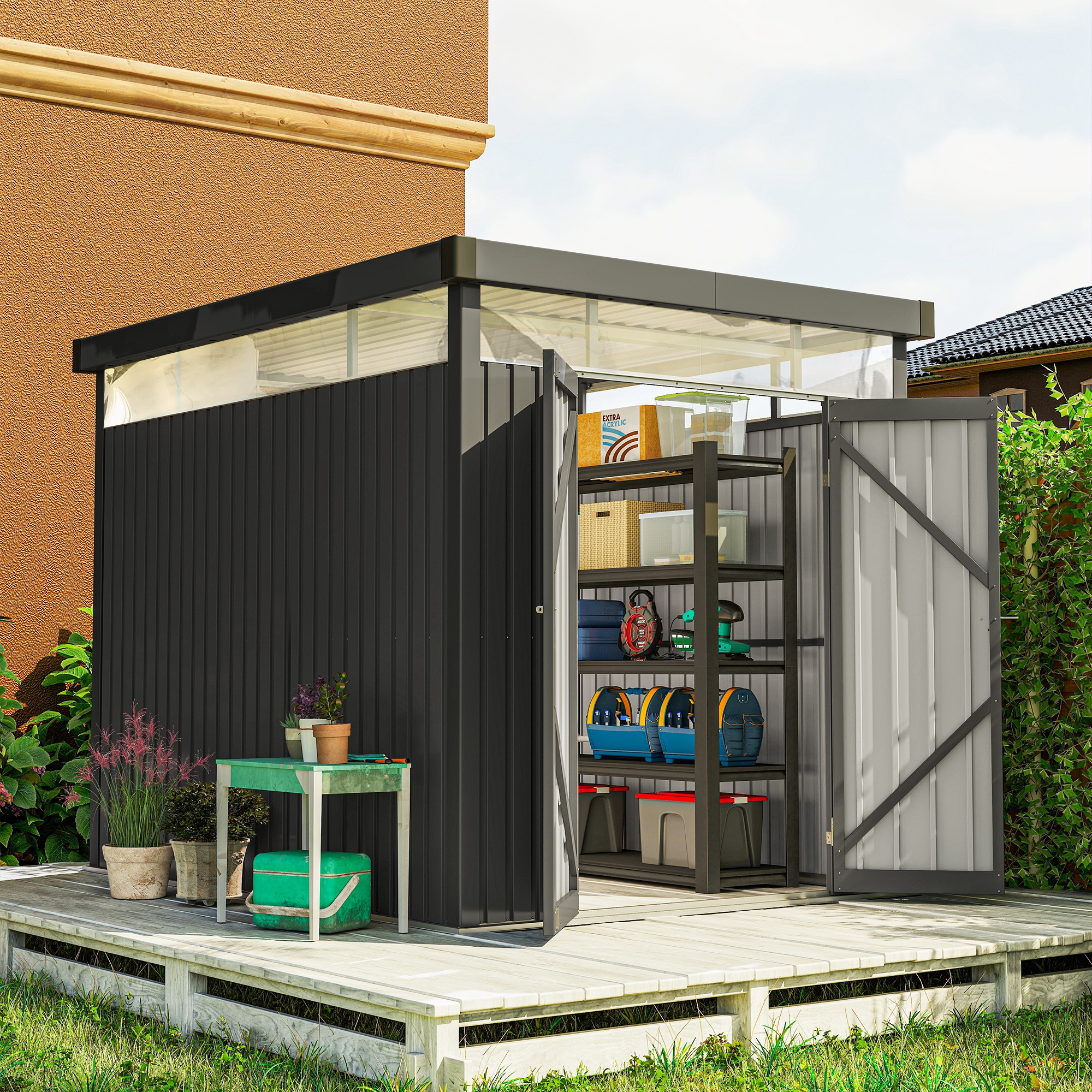  Casuta de Gradina cu Luminator Superior din Acril si Orificii de Drenaj, 200x258x201 cm, Gri inchis [1]