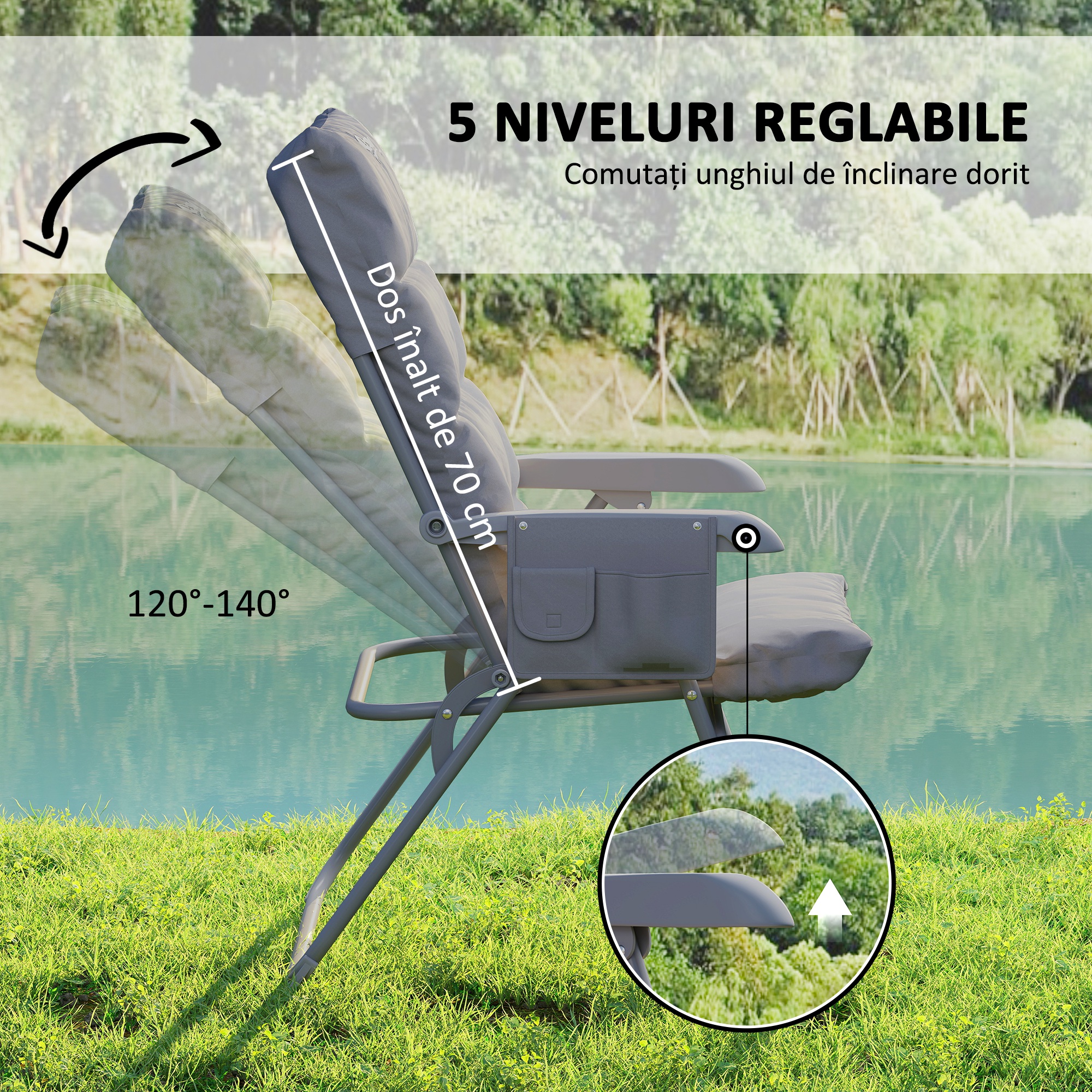  Scaun de Camping Pliabil cu Spatar inalt Reglabil in 5 Pozitii si Buzunare Laterale, 66x58x105 cm, Gri Deschis [3]